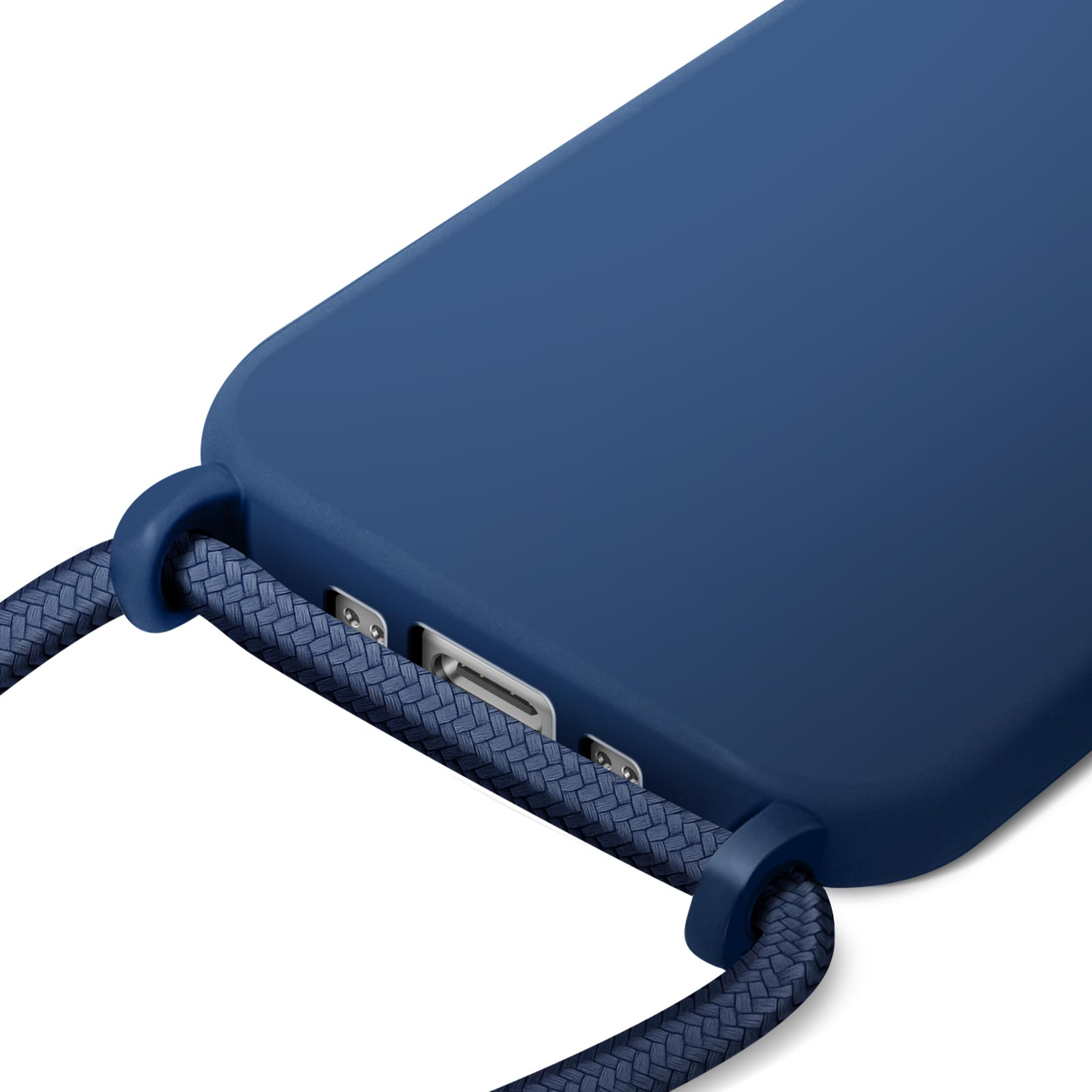 Coque de téléphone bleue avec une sangle bleue tissée. Le téléphone a un port de charge et des boutons.
