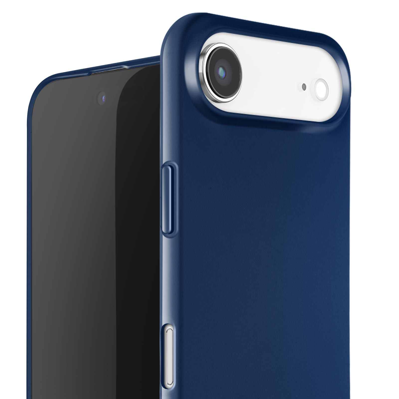 Une coque de téléphone bleu foncé à côté d'un téléphone. L'étui a une découpe pour la caméra et des boutons latéraux. L'écran est noir.