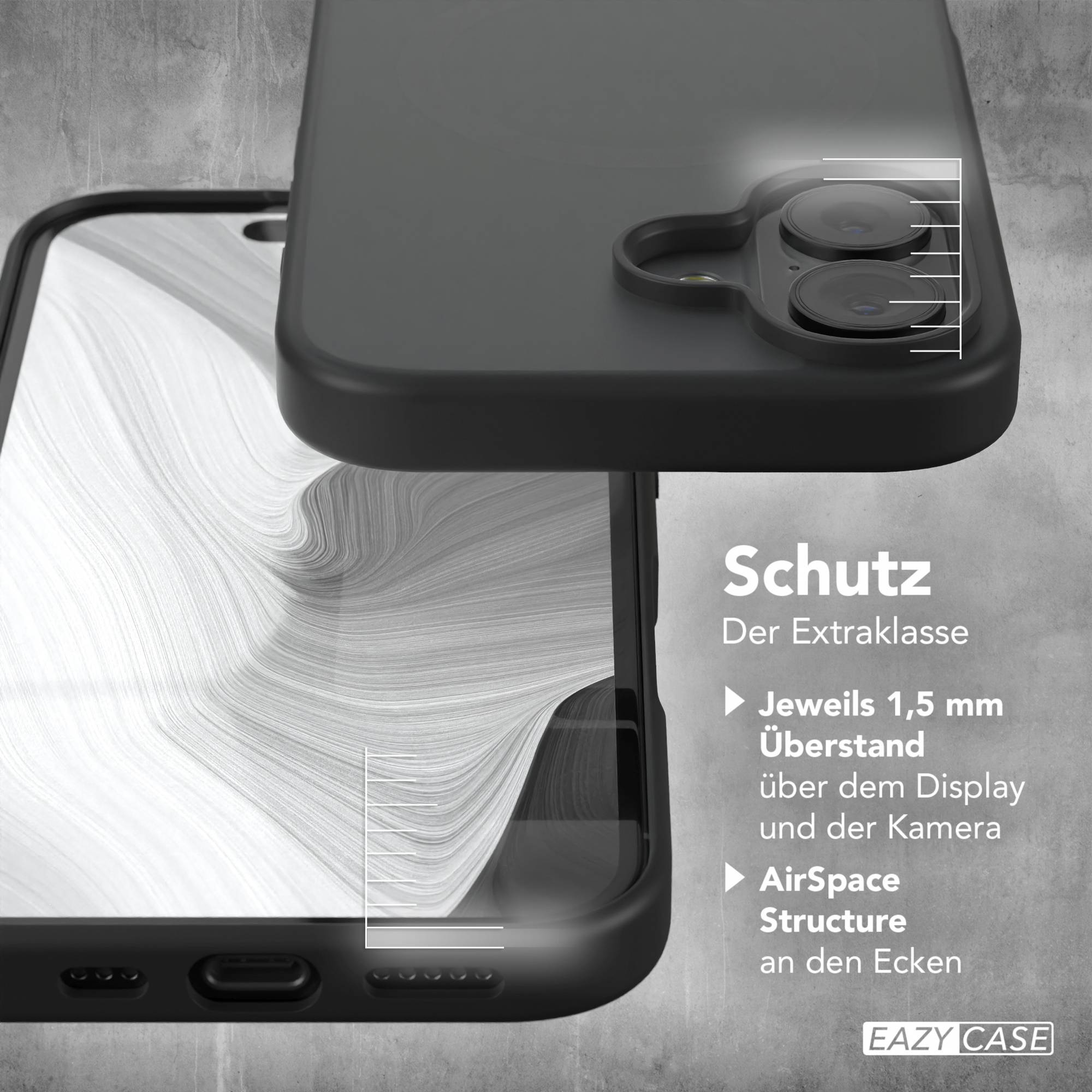 Eine Handyhülle mit Kameraausschnitt und Beschreibung ihrer Merkmale wird präsentiert.
