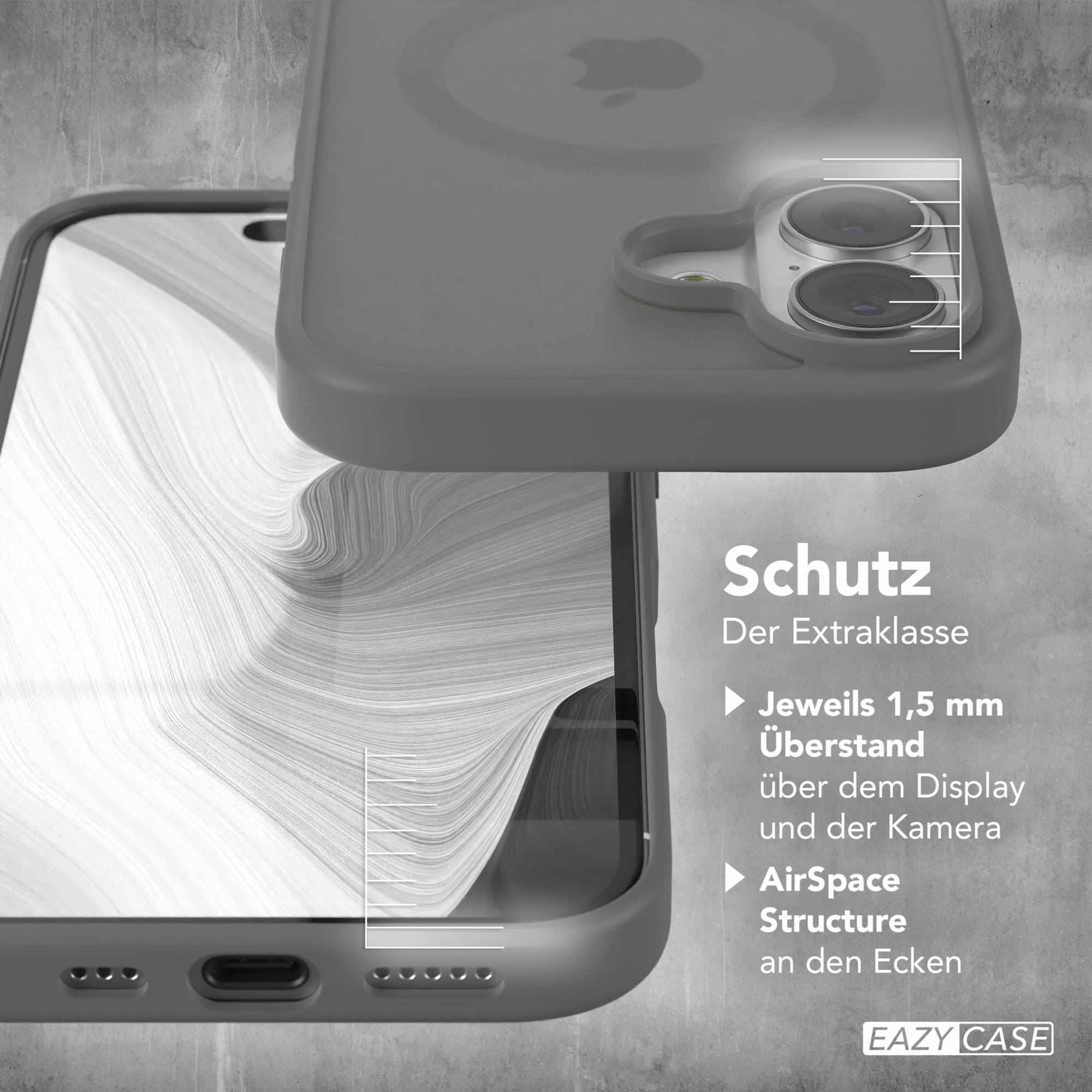 Ein Handycase mit Telefon darin wird gezeigt. Das Case ist grau, auf grau strukturiertem Hintergrund. Text rechts.