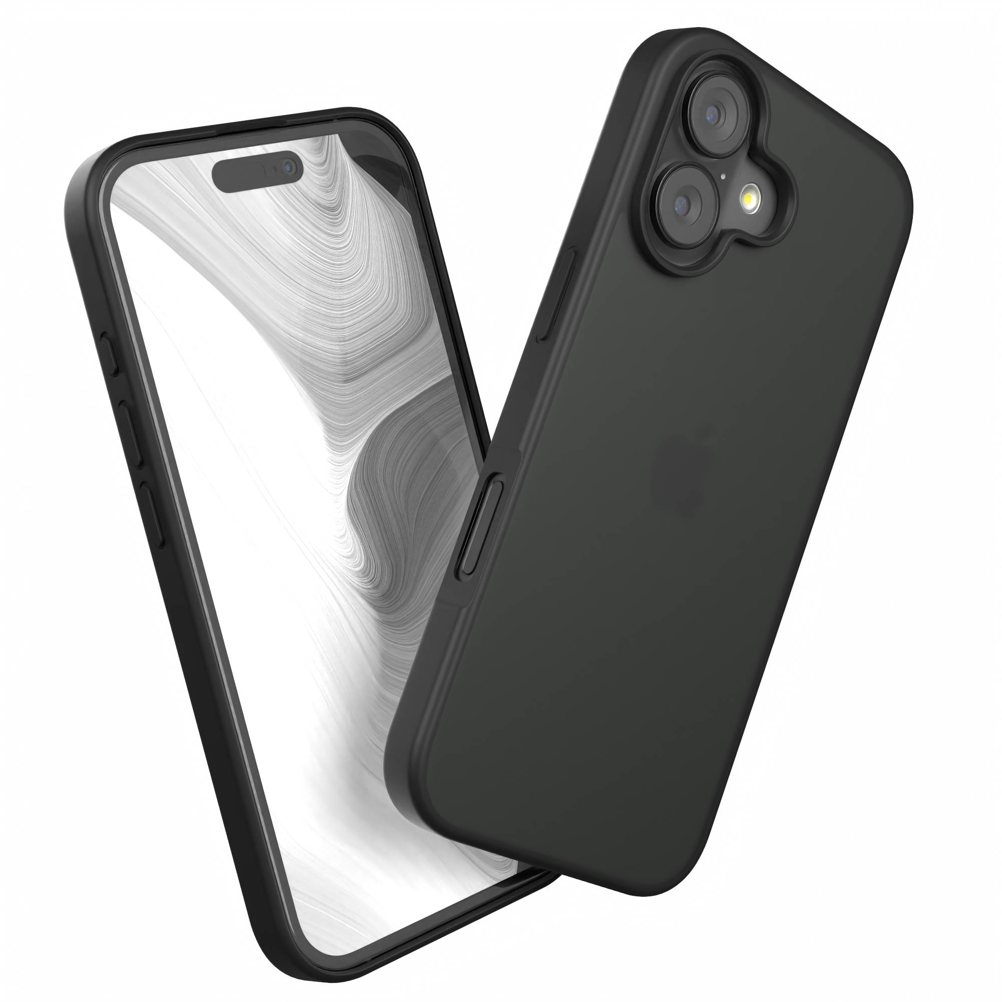 Schwarze Handyhülle und Telefon. Der Bildschirm ist weiß, die Hülle hat Apple-Logo und Kamera.