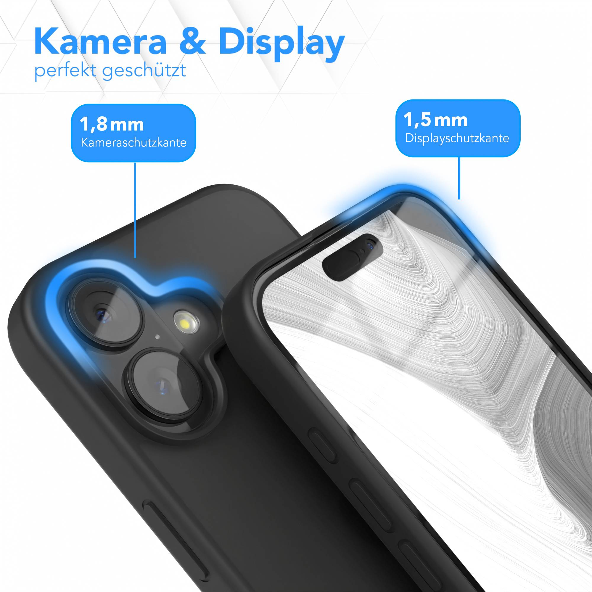 Schwarze Handyhülle schützt ein Handy mit Kamera und Bildschirm. Text zeigt Kamera- und Displayschutz an.