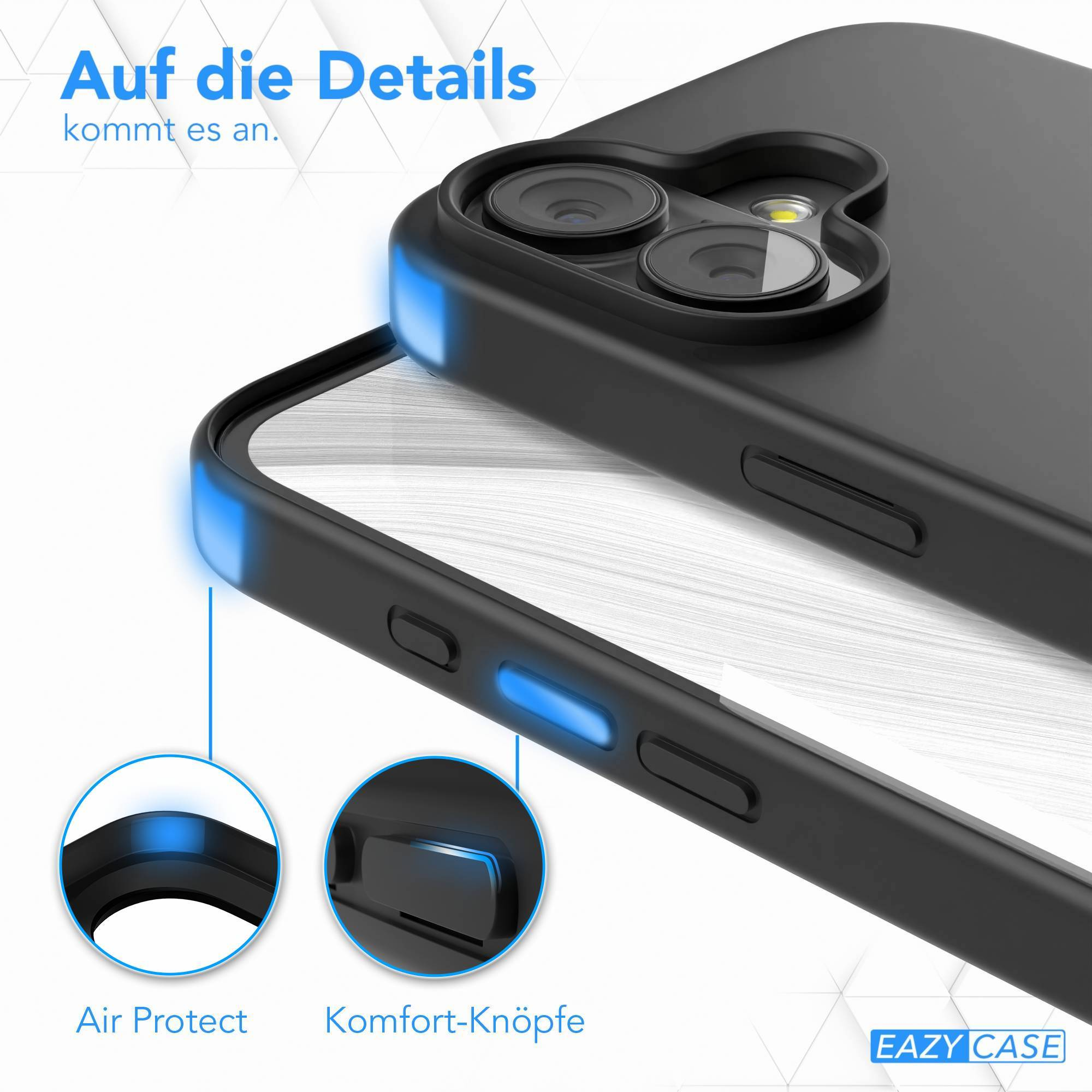 Nahaufnahme einer schwarzen Handyhülle mit blauen Akzenten. Die Hülle hat Kameraausschnitte und Tasten, mit deutschem Text.