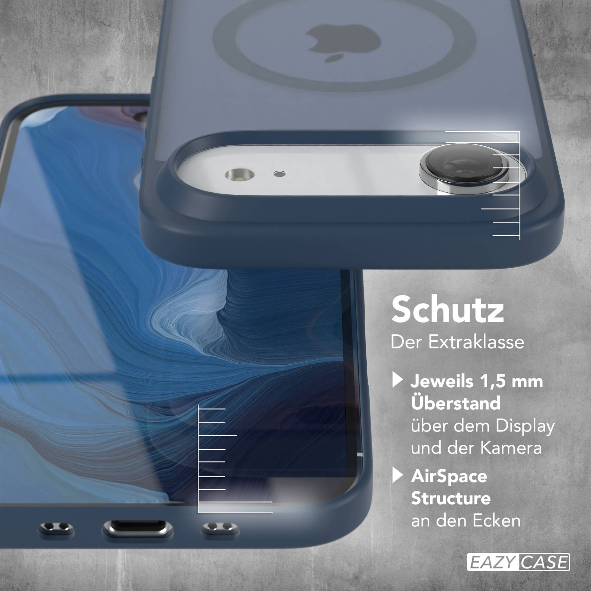 Blaue Handyhülle über einem Telefon. Es zeigt Kamera und Bildschirm. Text: Schutz, Extraklasse und AirSpace.