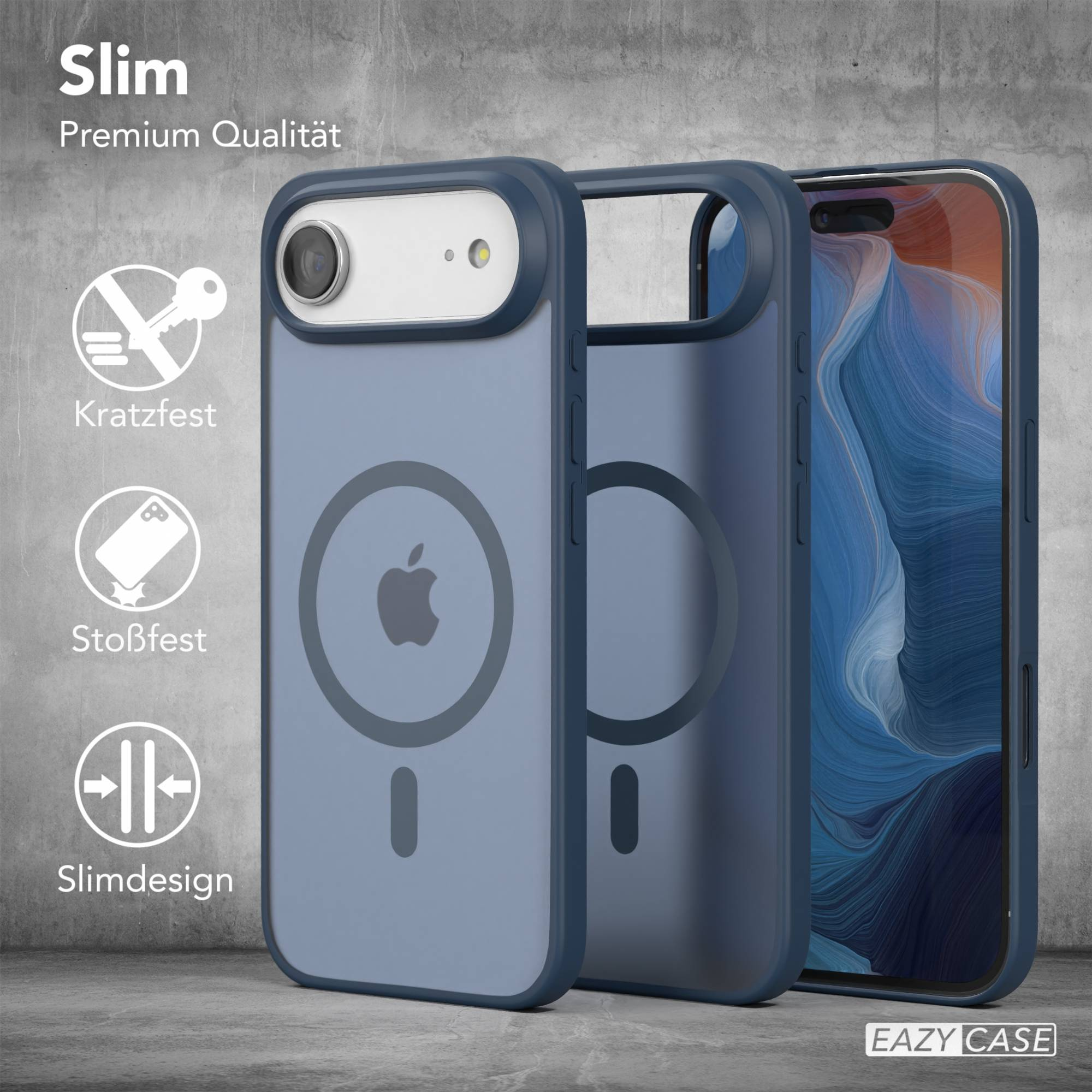 Drei blaue Handyhüllen gestapelt. Eine zeigt ein Telefon. Text: Slim, Premium Qualität, Kratzfest, Stoßfest, Slimdesign und EAZY CASE.