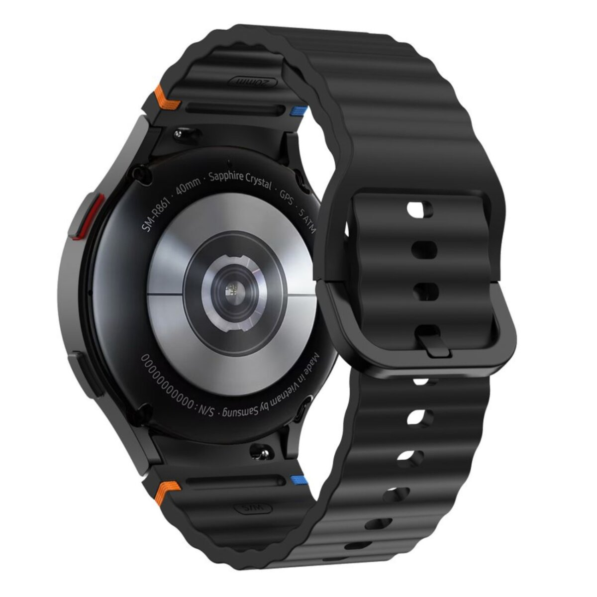 Montre intelligente noire avec bracelet noir. La montre a un cadran rond. Le dos de la montre est visible, avec du texte comme 'Samsung'.