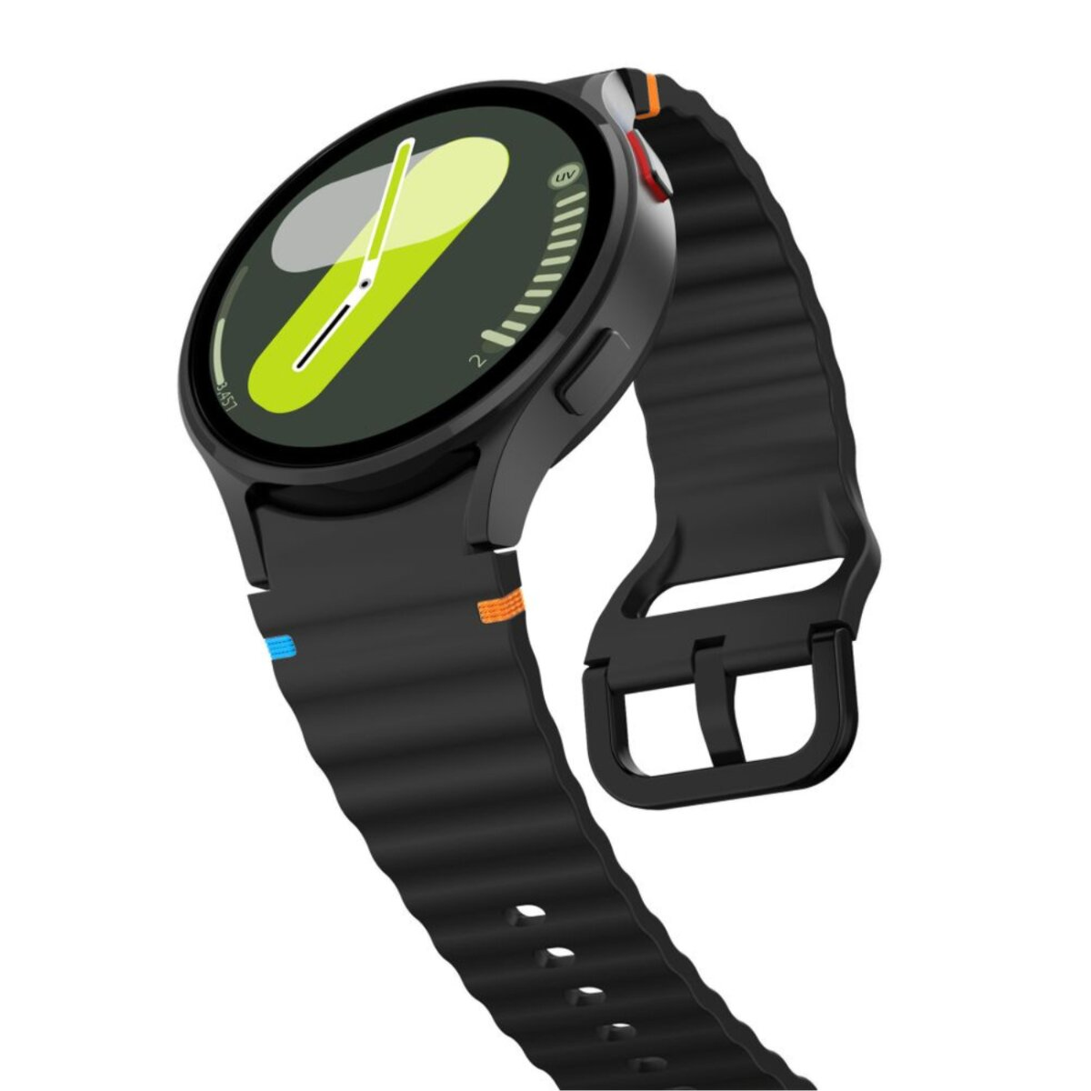 Une montre connectée noire avec un écran rond affichant un graphique jaune et vert. La montre a un bracelet noir avec des accents orange et bleu.