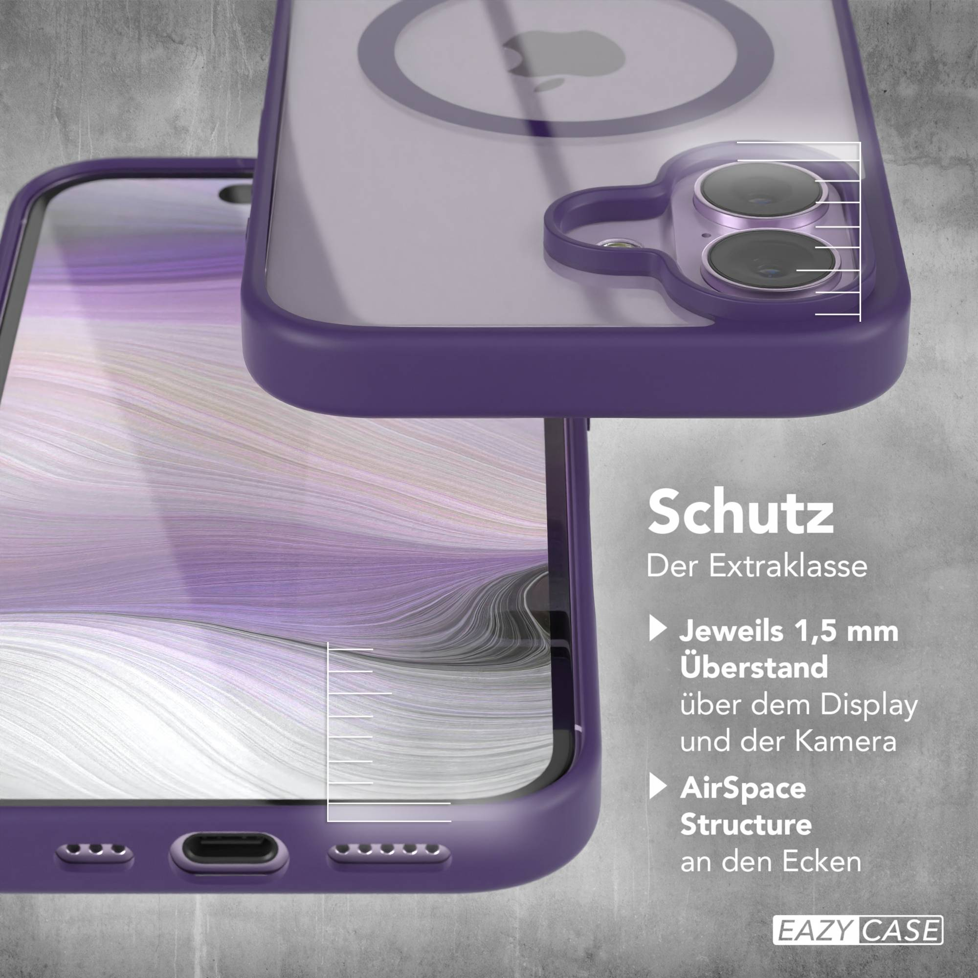 Eine lila Handyhülle mit durchsichtigem Rücken wird gezeigt, die den Bildschirm des Telefons zeigt.