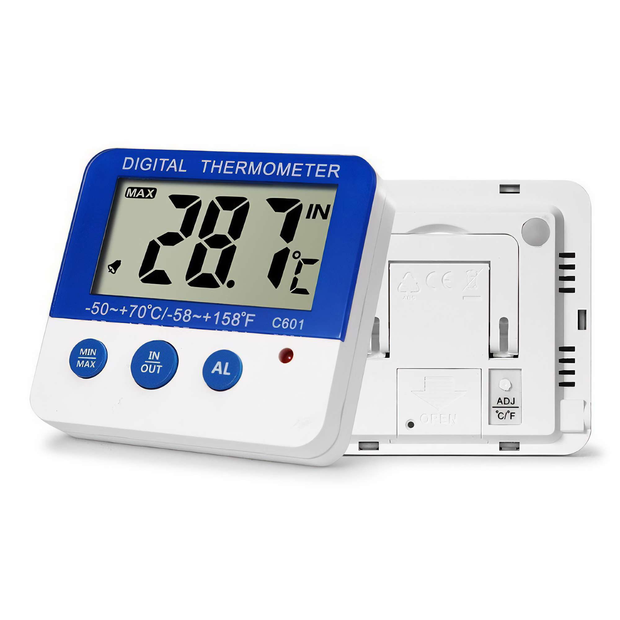 Ein digitales Thermometer zeigt 28,7 Grad an. Es hat Knöpfe und ein Display. Auf der Rückseite befindet sich ein Batteriefach.
