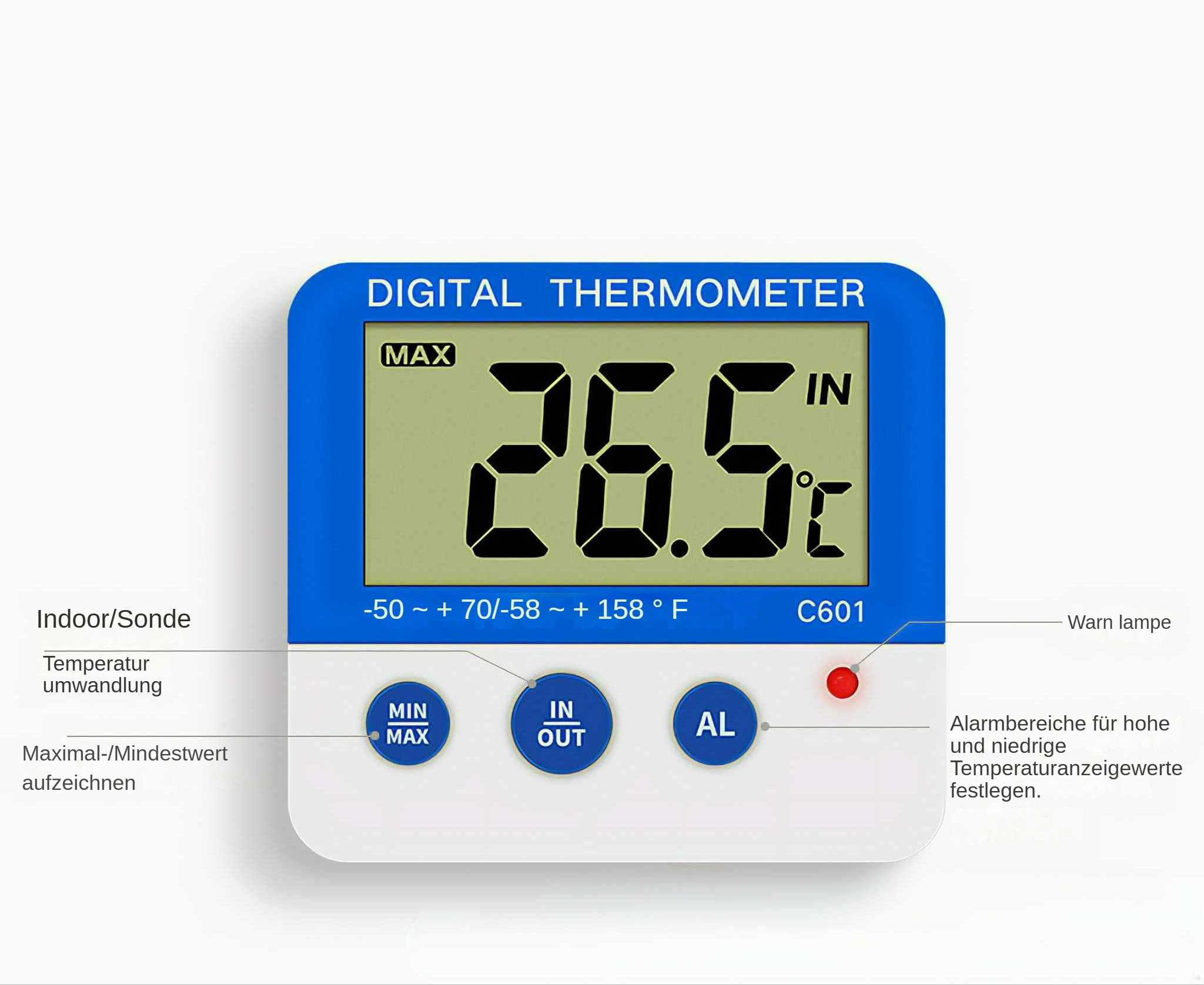 Ein Digitalthermometer zeigt 26,5°C an. Zu den Funktionen gehören Temperaturbereiche, Tasten und eine Warnleuchte, mit deutschen Beschriftungen.