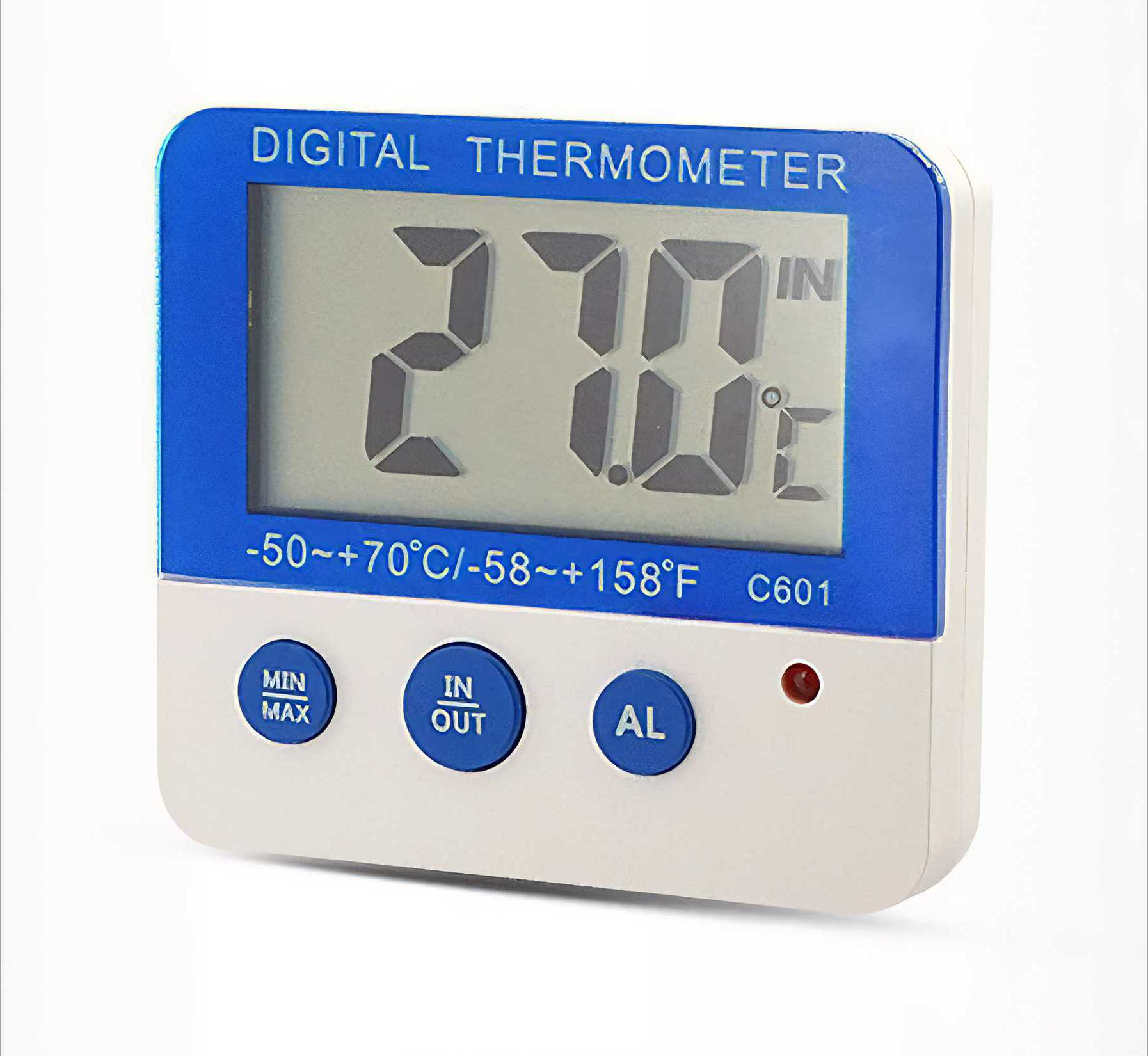 Ein Digitalthermometer zeigt 27,0 Grad an. Es hat Tasten für Min/Max, In/Out und AL. Blaue und weiße Farben sind vorhanden.