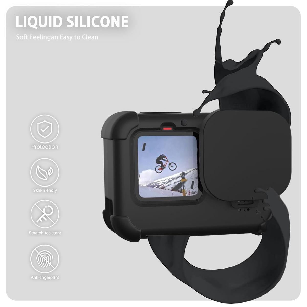 Schwarze Kamerahülle mit Flüssigkeitsspritzer. Bildschirm zeigt Person auf Fahrrad im Schnee. Text: Liquid Silicone, Schutz, etc.