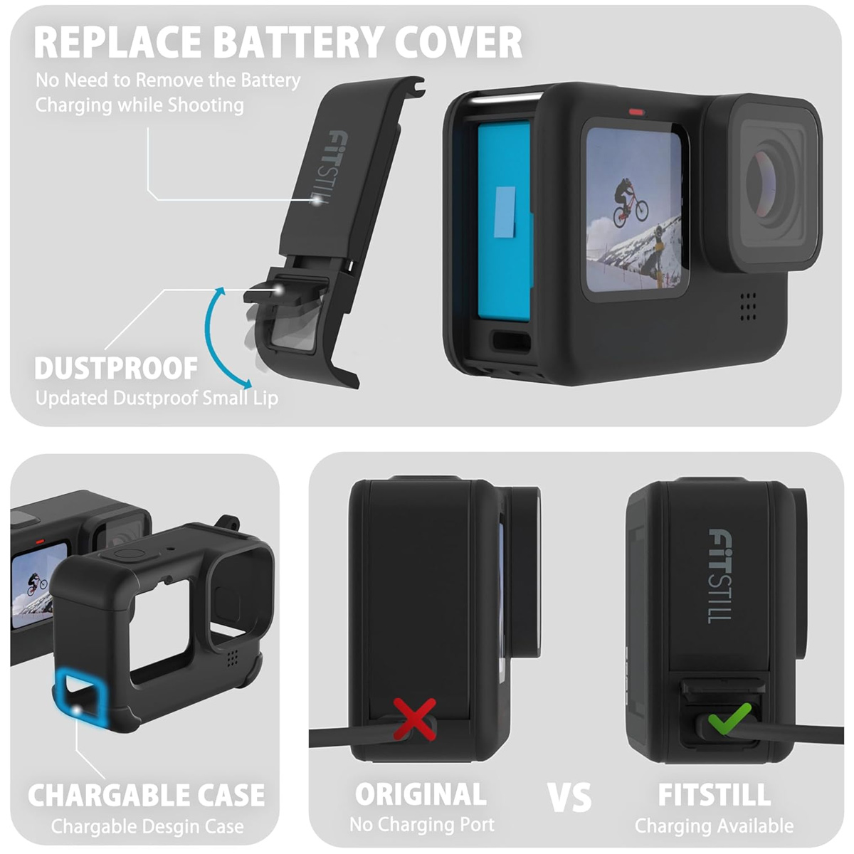 Schwarze Action-Kamera mit staubdichter Batteriefachabdeckung und Ladeanschluss. Sie zeigt das Original vs. das FITSTILL-Design.