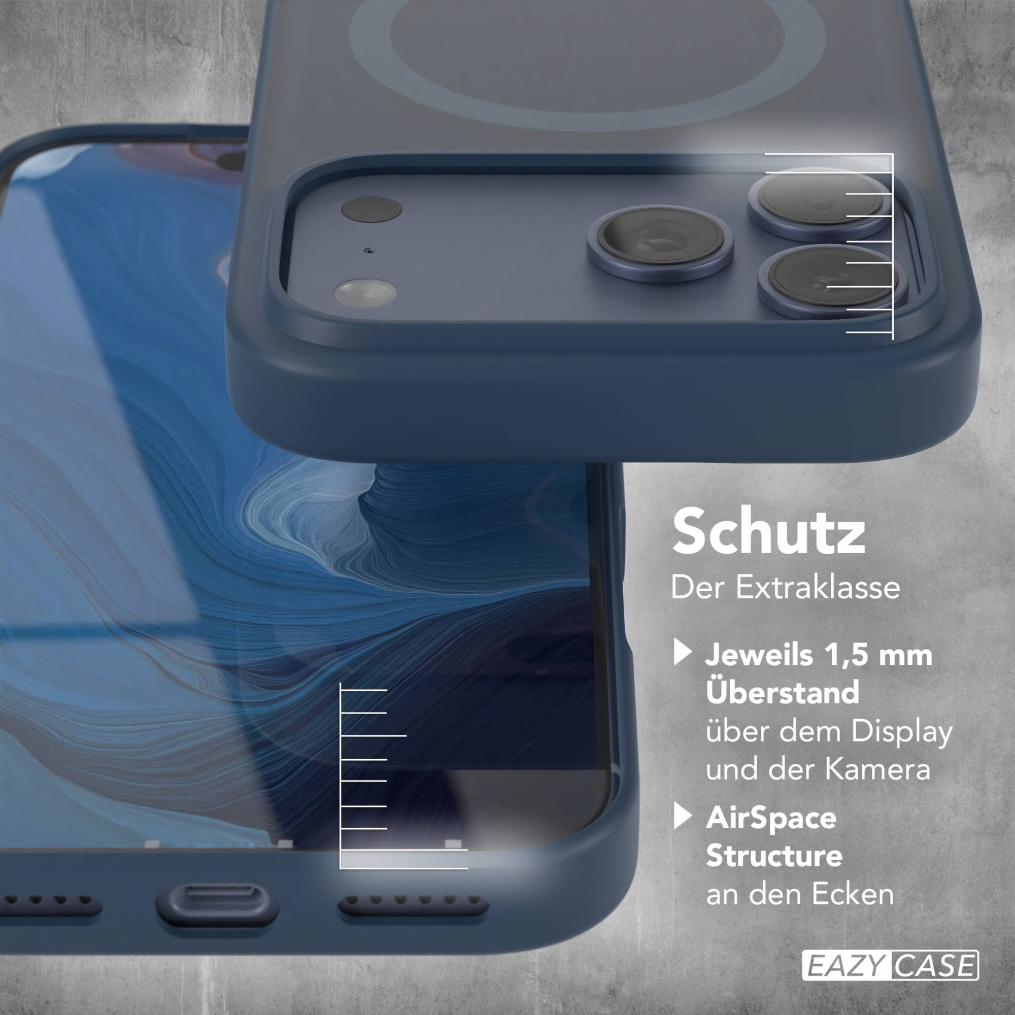Ein Telefon in einer blauen Hülle, das die Kamera und den Bildschirm zeigt. Text zeigt Schutzfunktionen.