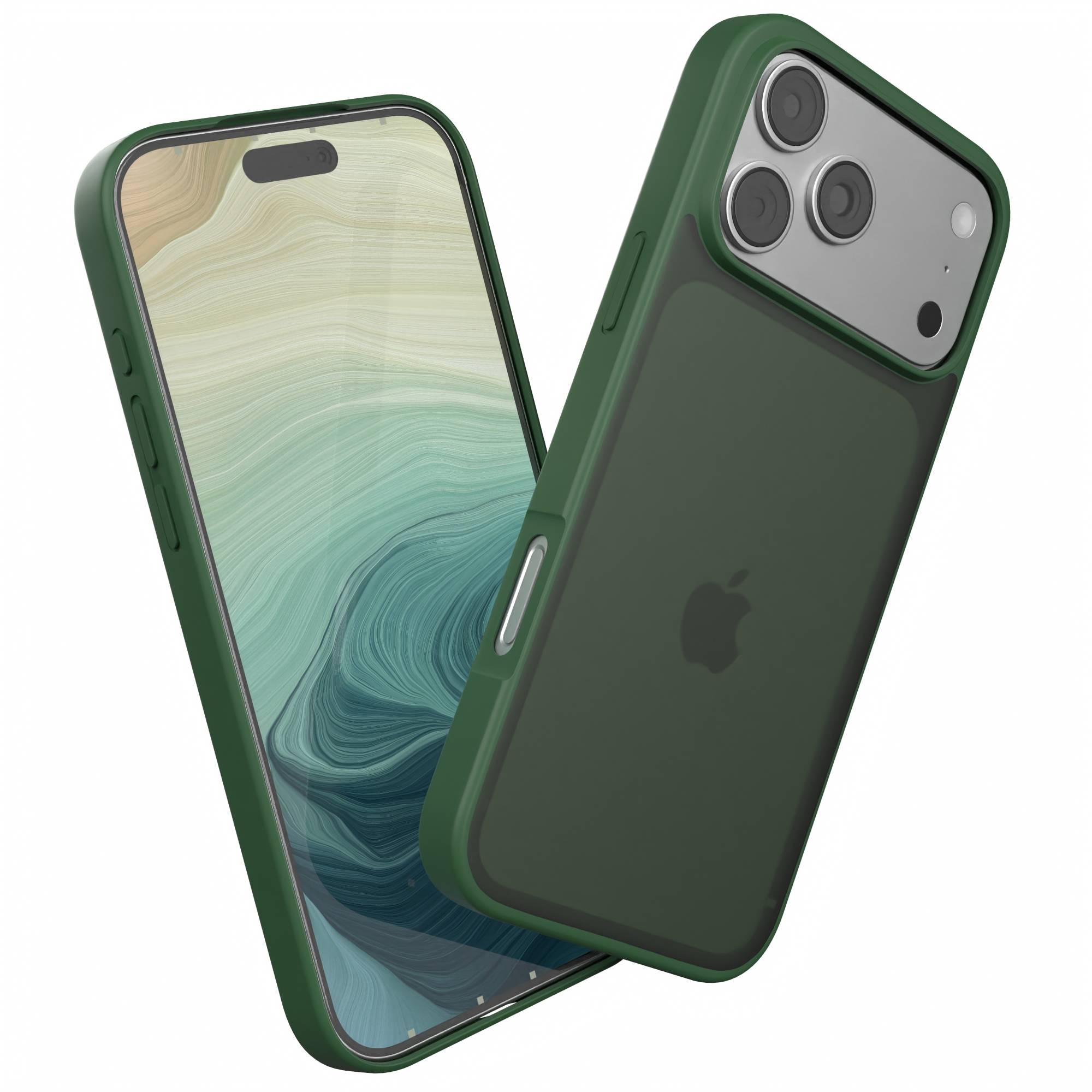 Zwei grüne iPhone-Hüllen. Eine offen, zeigt Bildschirm. Die andere hat Apple-Logo. Weißer Hintergrund.