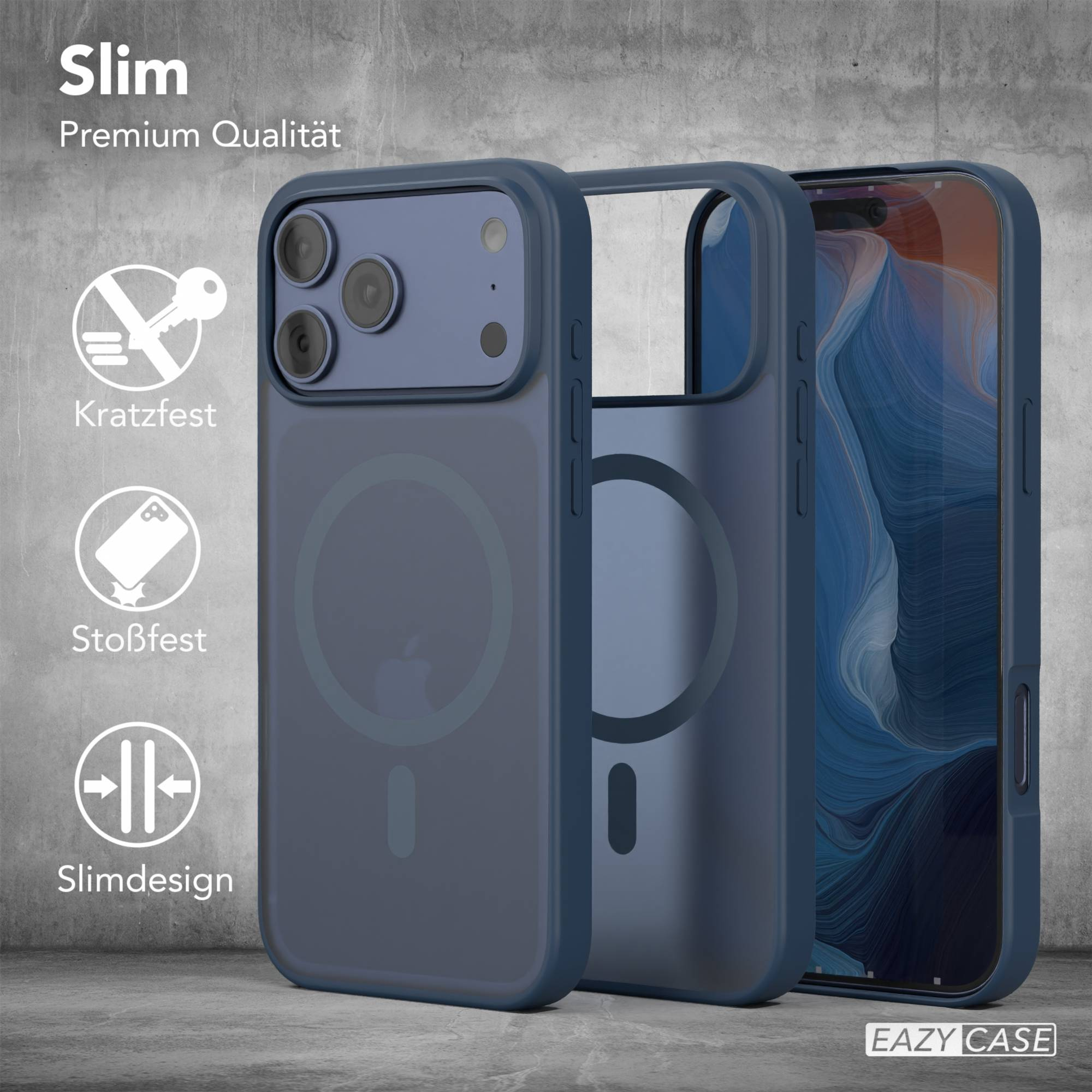 Blaue Telefonhüllen werden angezeigt, eine davon ist geöffnet. Text: Slim, Premium Qualität, Kratzfest, Stoßfest, Slimdesign, und EAZY CASE.