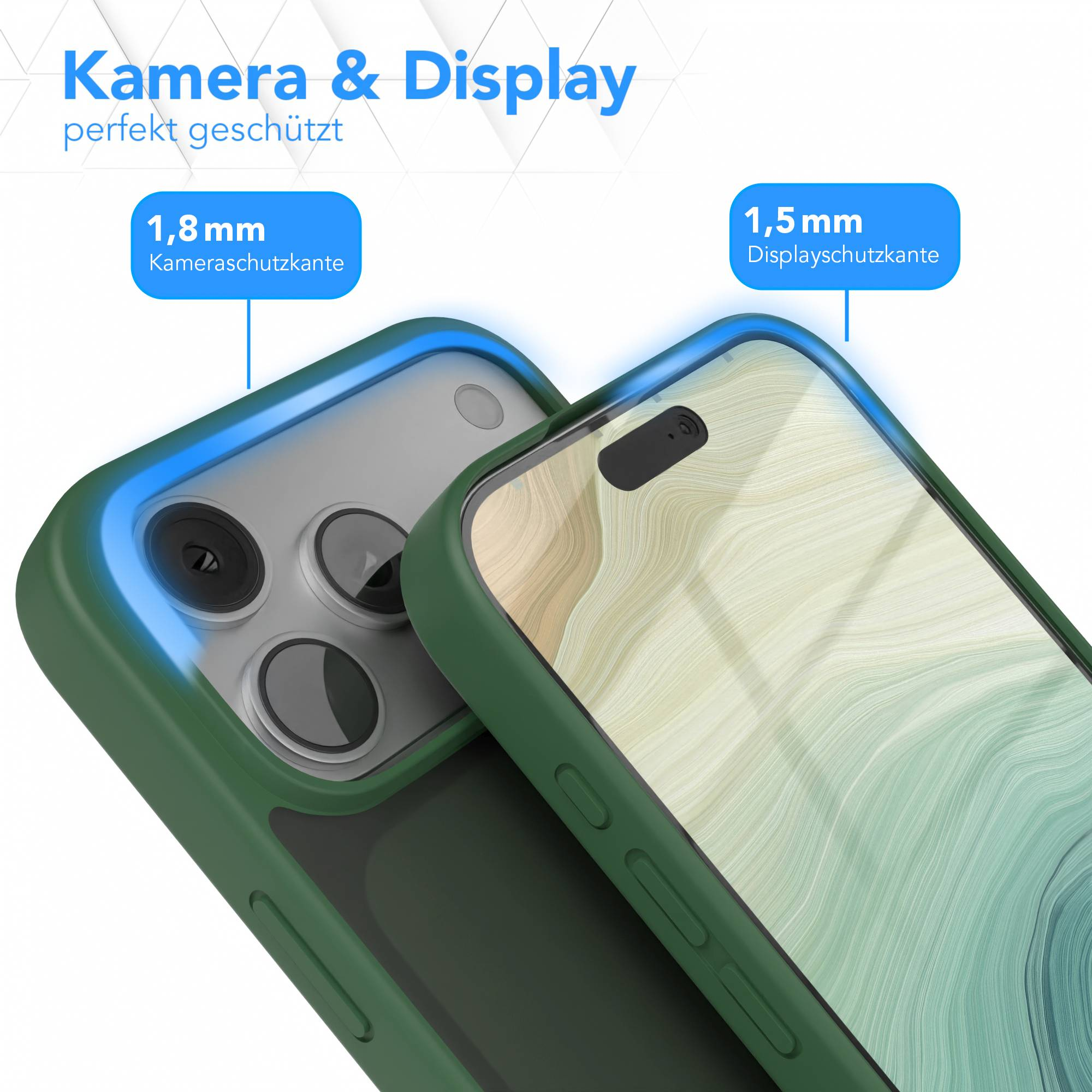 Grüne Handyhülle mit Bildschirm- und Kameraschutz. Text: 'Kamera & Display perfekt geschützt'.
