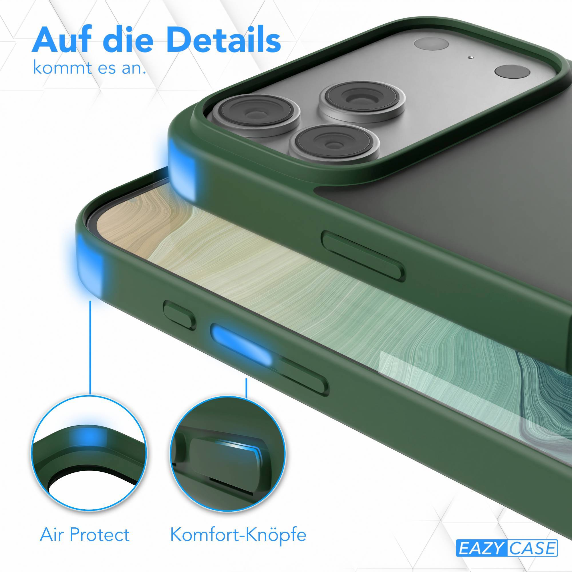 Grüne Handyhülle mit Text 'Auf die Details'. Merkmale sind 'Air Protect' und 'Komfort-Knöpfe'.