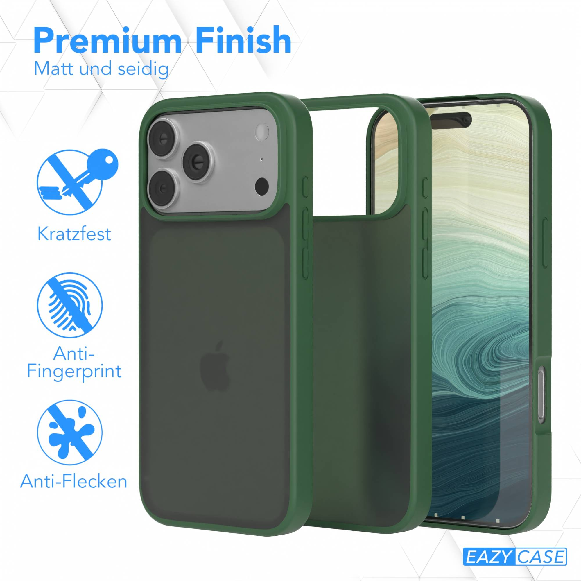 Grüne Handyhülle mit grauem Rücken und Kameraausschnitten. Text: Premium Finish, Kratzfest, Anti-Fingerprint, Anti-Flecken. Logo: Eazy Case.
