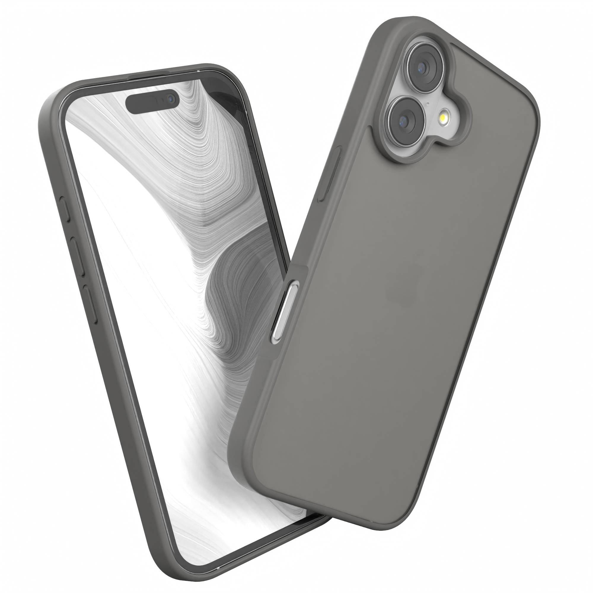 Gehäuse und Telefon in Grau. Auf dem Bildschirm ein Wirbeldesign. Das Gehäuse hat drei Kameralinsen.