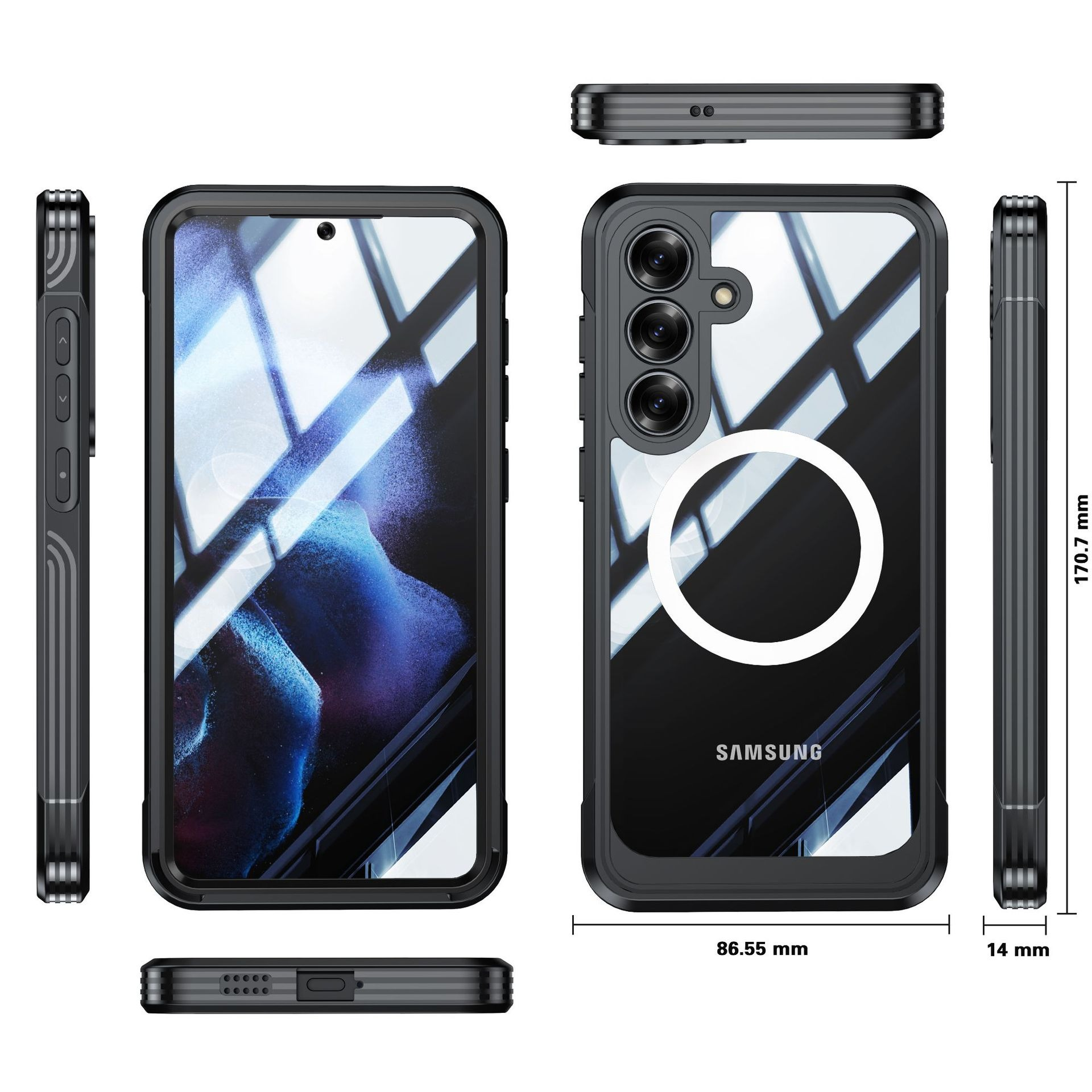 Custodia nera per telefono con retro trasparente, tre fotocamere e un cerchio bianco. Logo Samsung visibile.