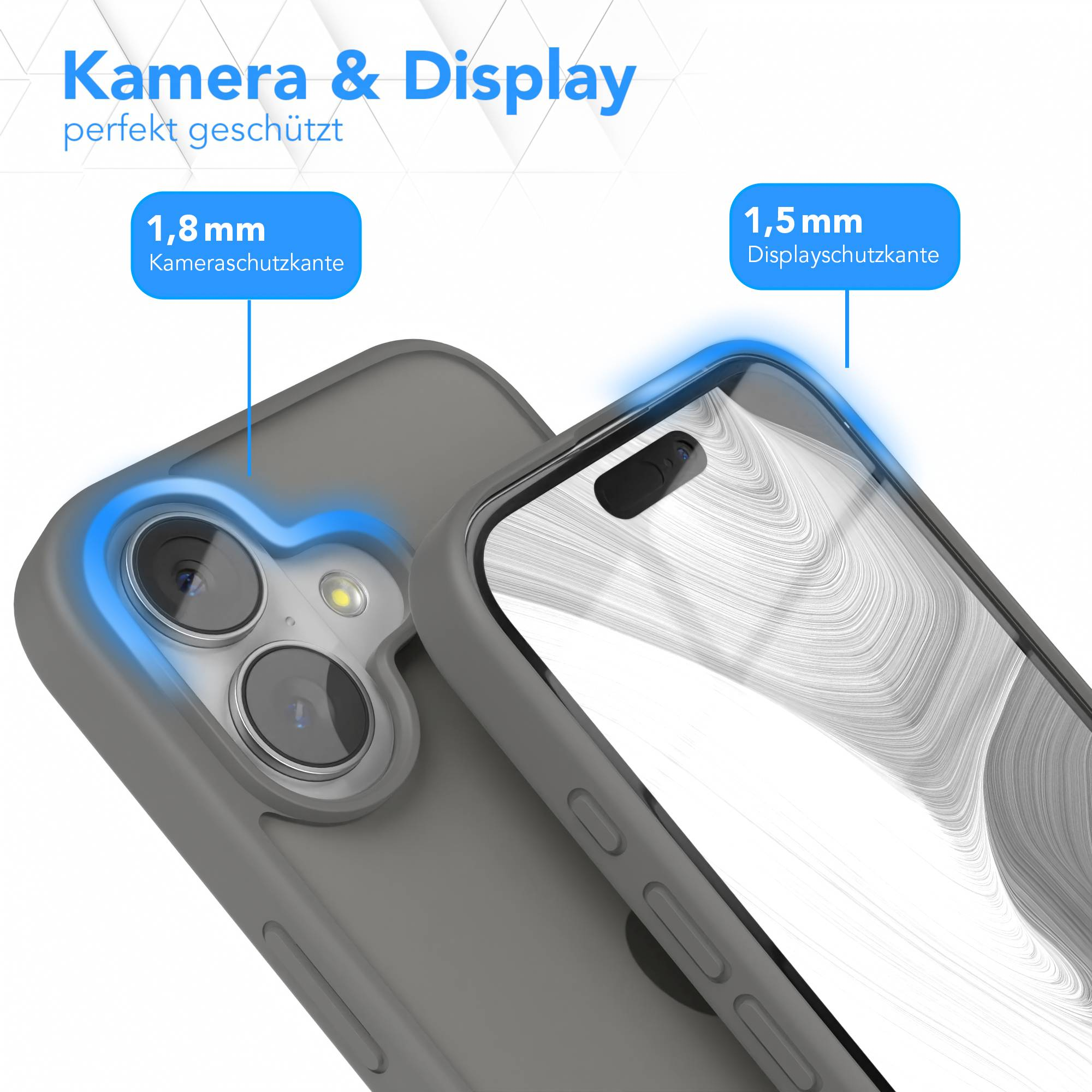 Ein Telefon in einer grauen Hülle. Text zeigt Details zum Kamera- und Displayschutz. Blau markiert Kamera- und Bildschirmkanten.