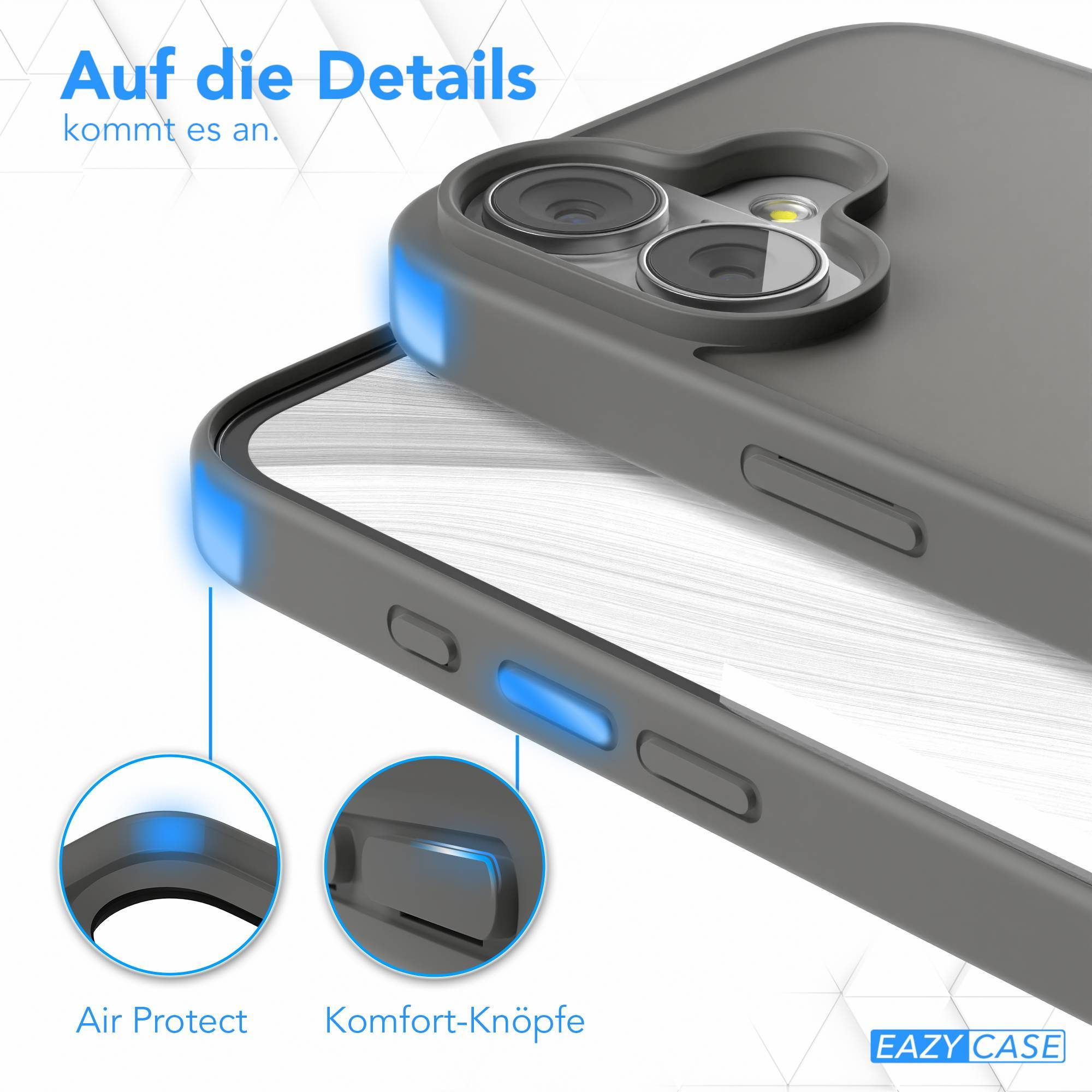 Gezeigt wird eine Handyhülle mit hervorgehobenen Merkmalen: Air Protect und Comfort-Knöpfe. Text: 'Auf die Details kommt es an.'