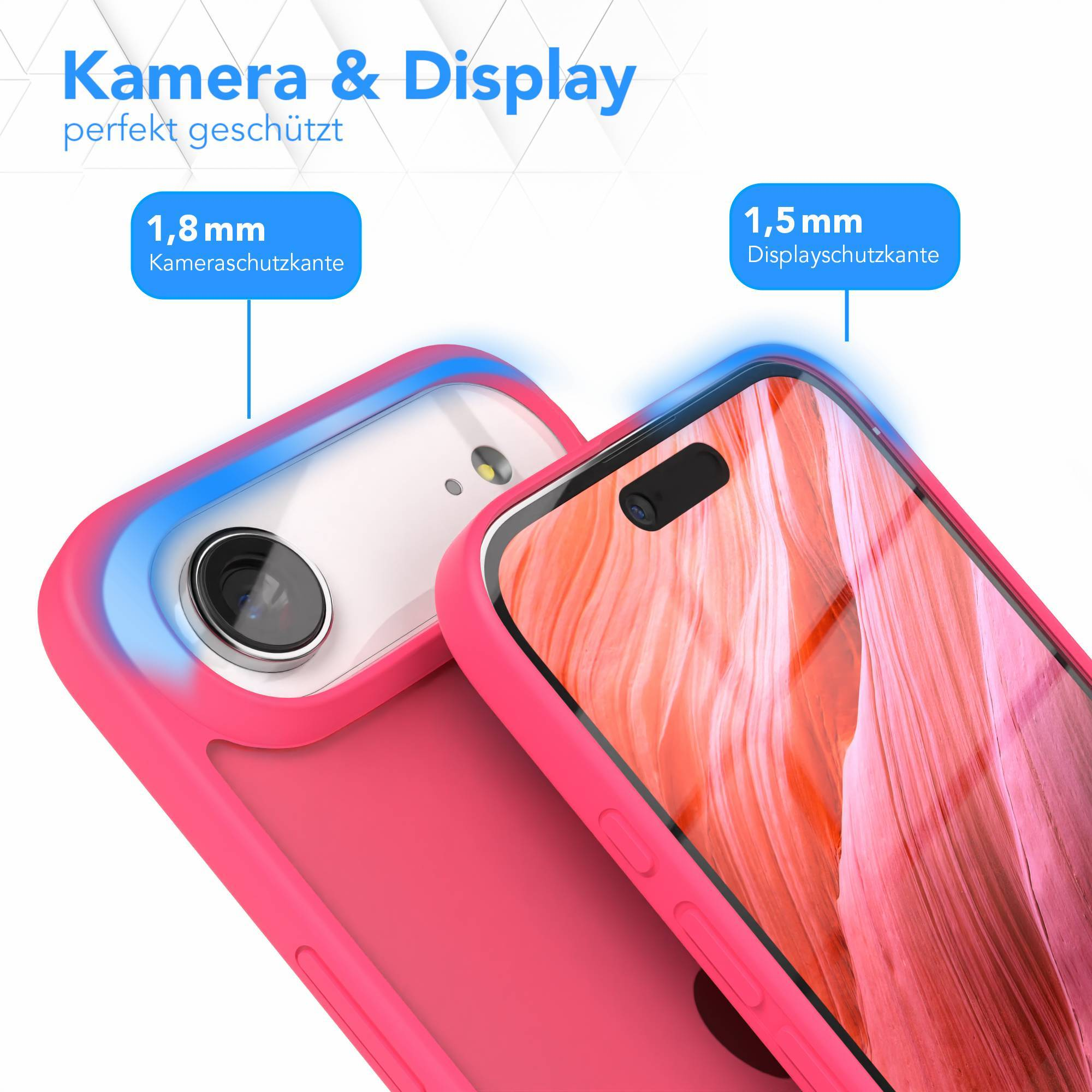 Rosa Handyhülle mit Kamera und Display. Text auf Deutsch zeigt Schutzdetails. Blaue und rosa Akzente.