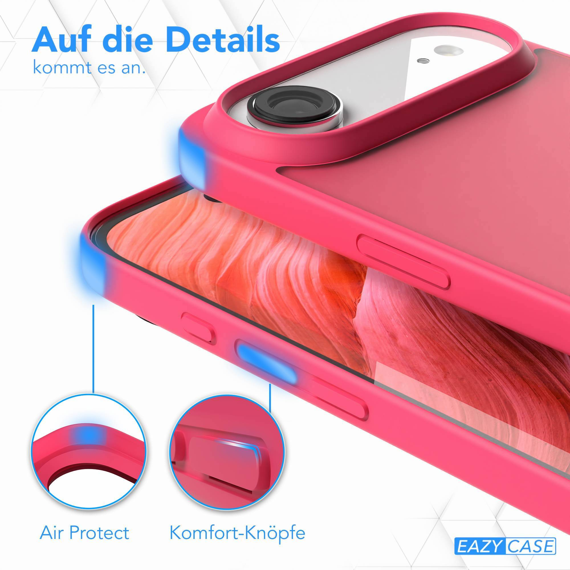 Rosa Handyhülle mit transparentem Kamerabereich. Text: Auf die Details kommt es an. Details sind Air Protect und Komfort-Knöpfe.