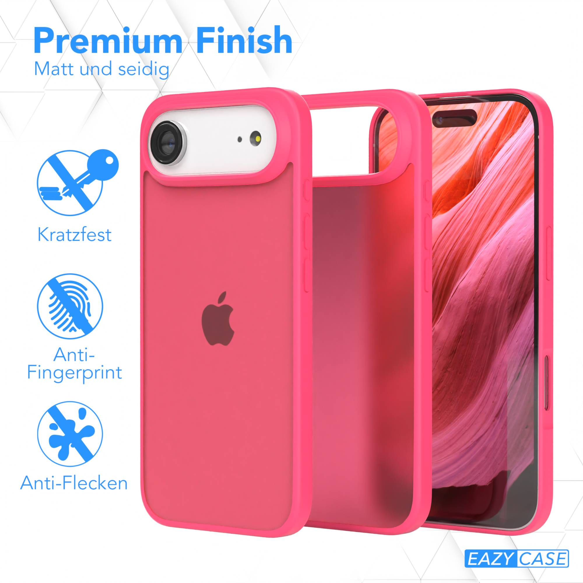 Eine pinke Handyhülle mit Apple-Logo, einem Telefon und Text mit Anti-Fingerabdruck und Anti-Kratzer.