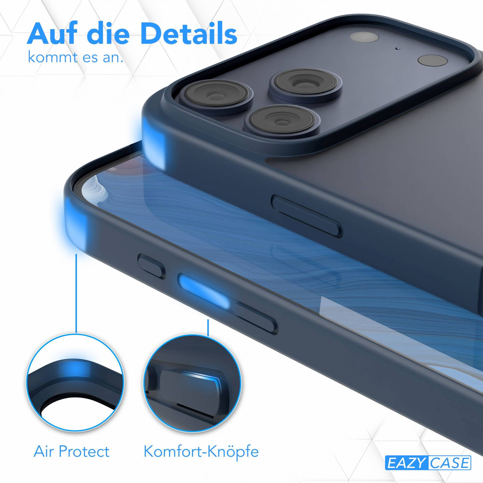 Nahaufnahme einer dunkelblauen Handyhülle auf weißem Hintergrund. Text auf Deutsch: Auf die Details kommt es an. und Air Protect.