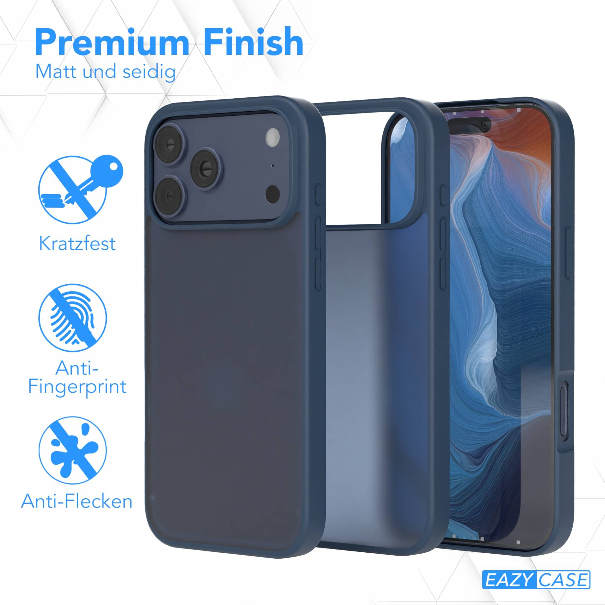 Das Bild zeigt eine marineblaue Handyhülle und ein Handy. Die Hülle ist in drei Teile aufgeteilt. Text beschreibt Eigenschaften.