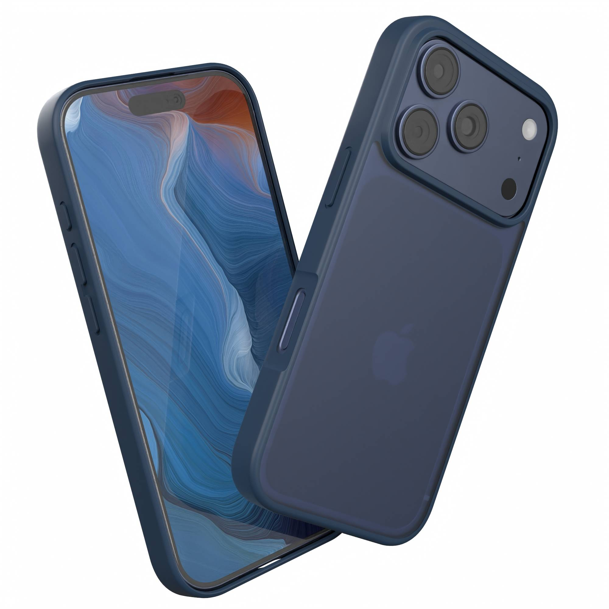 Zwei blaue iPhone-Hüllen. Eine offen, zeigt den Bildschirm mit blauen und orangen Wellen. Die andere ist geschlossen, zeigt die Kamera.