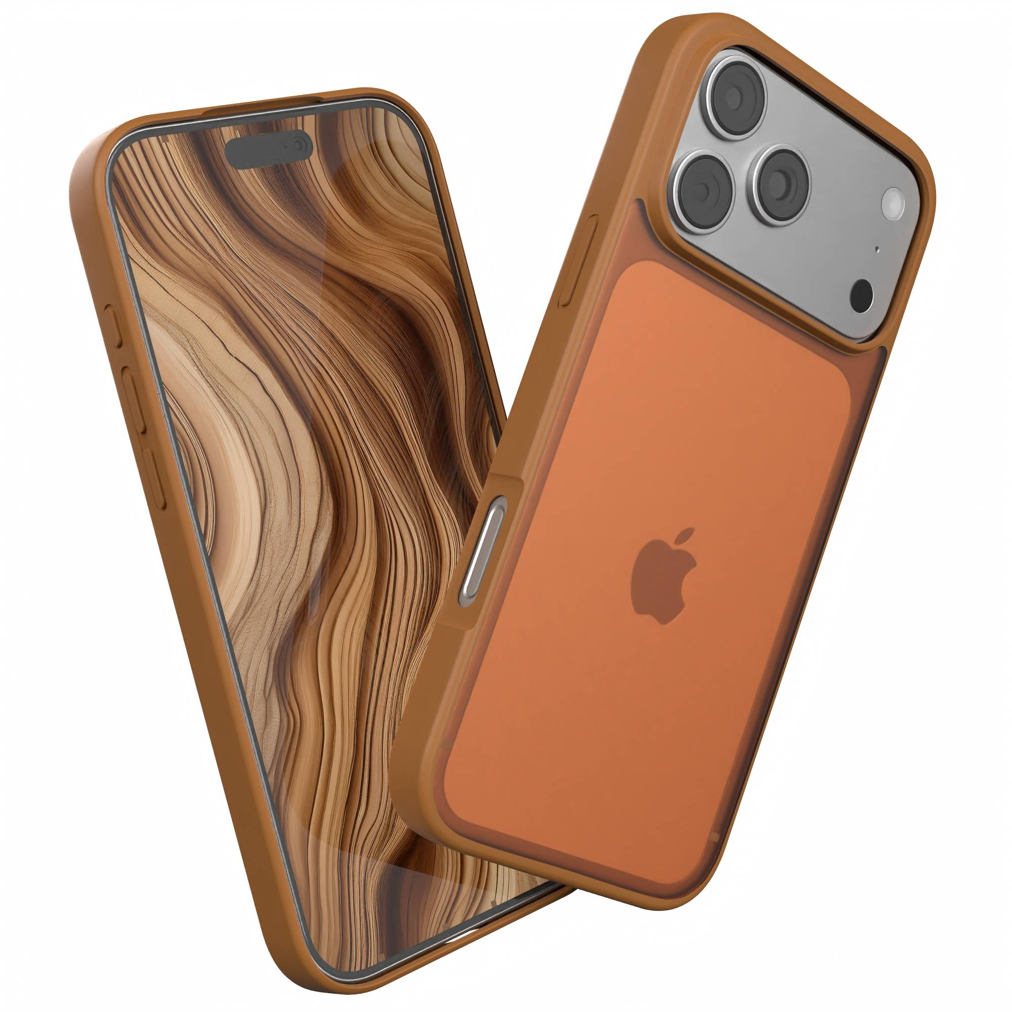 Zwei braune iPhones, eines in einer Hülle. Der Bildschirm zeigt ein Holzmaserungsmuster. Die Hülle ist orange mit einem Apple-Logo.
