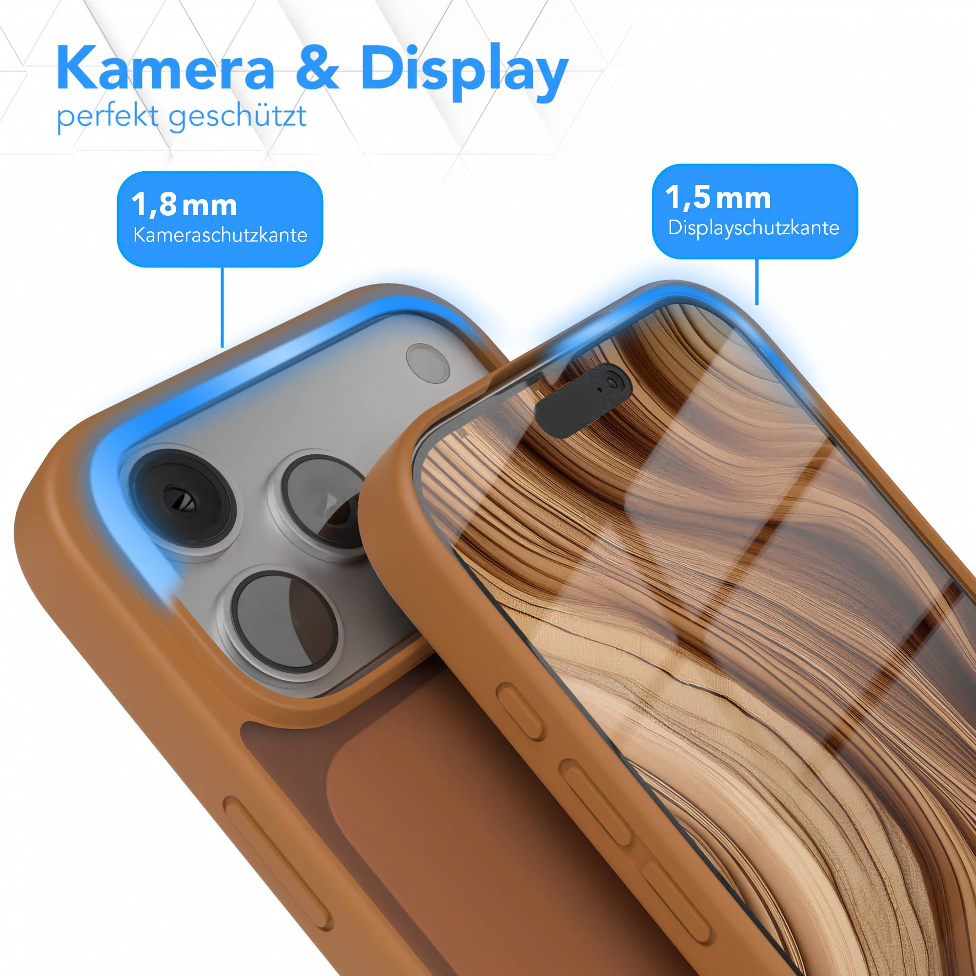 Eine Handyhülle mit Holzmaserung, die Kamera- und Displayschutz zeigt. Details in deutscher Sprache.