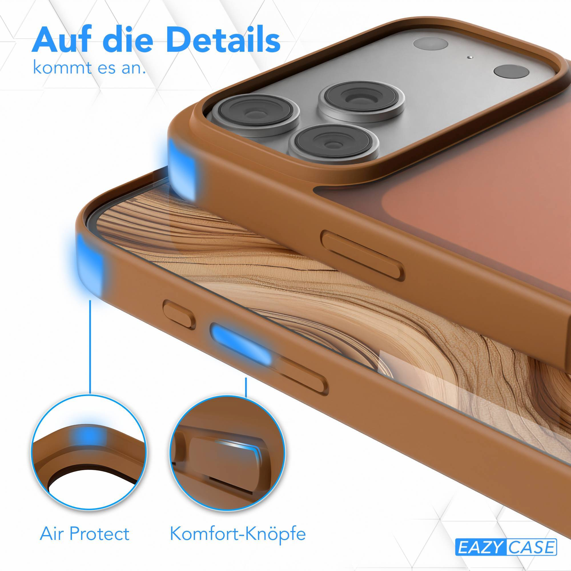 Nahaufnahme einer Handyhülle. Die Hülle ist braun mit hellbraunem Innenraum. Der Text lautet 'Auf die Details kommt es an'.