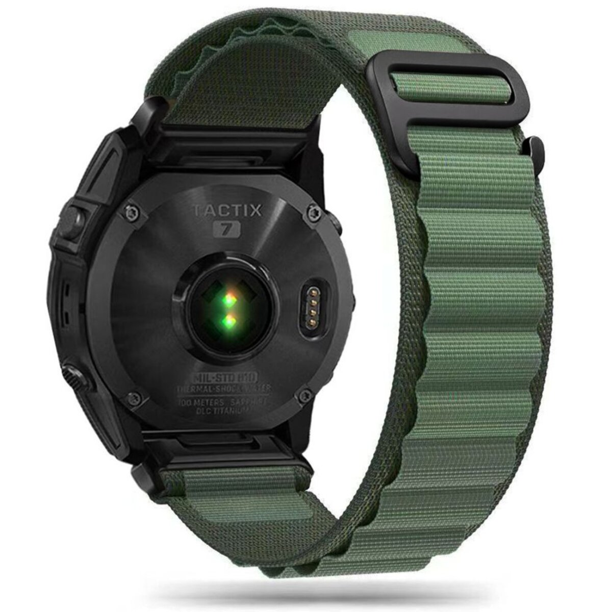 Montre connectée noire avec bracelet vert. Capteurs de fréquence cardiaque et étiquette TACTIX 7.