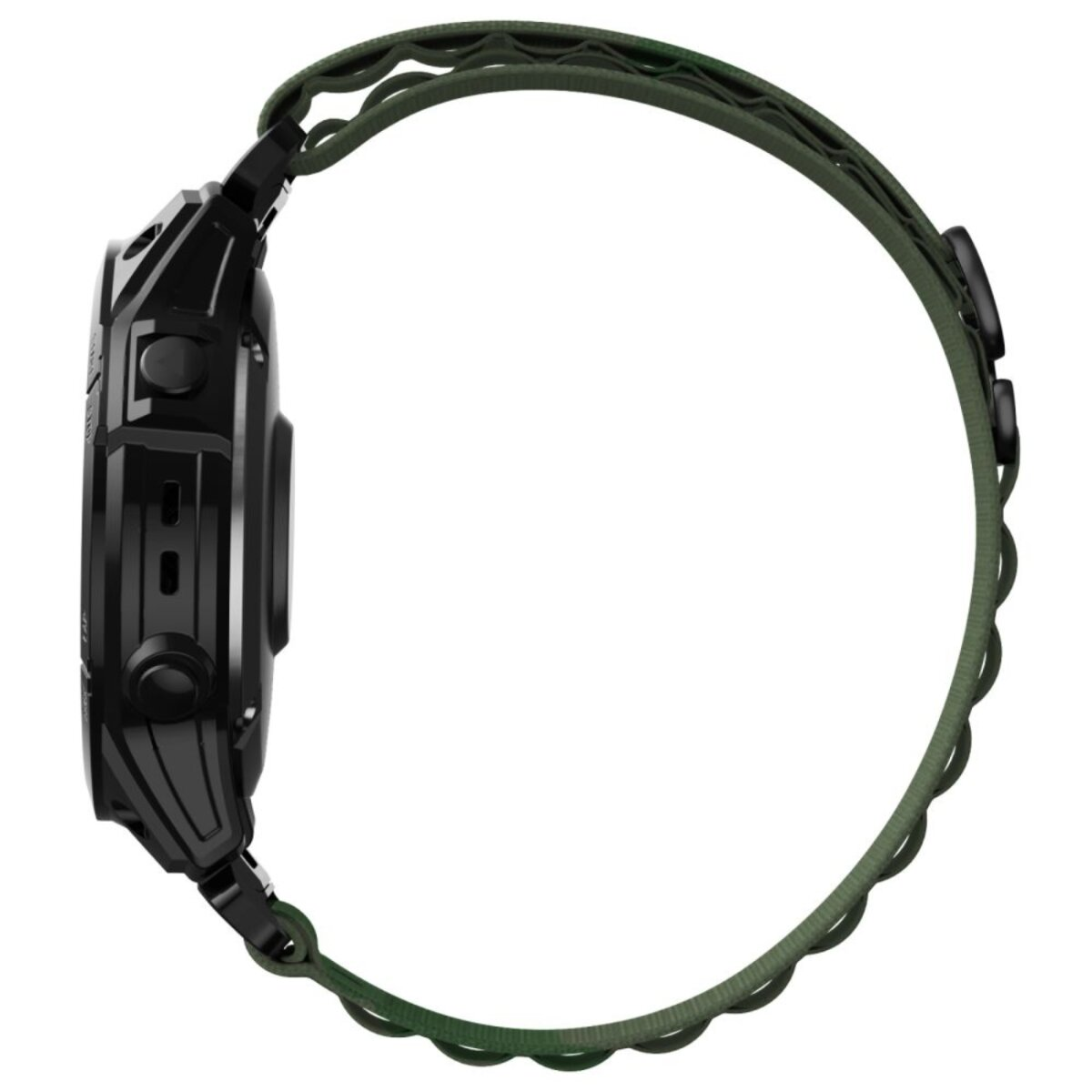 Une montre connectée noire avec un bracelet vert est montrée de côté. Le bracelet est connecté au corps de la montre.