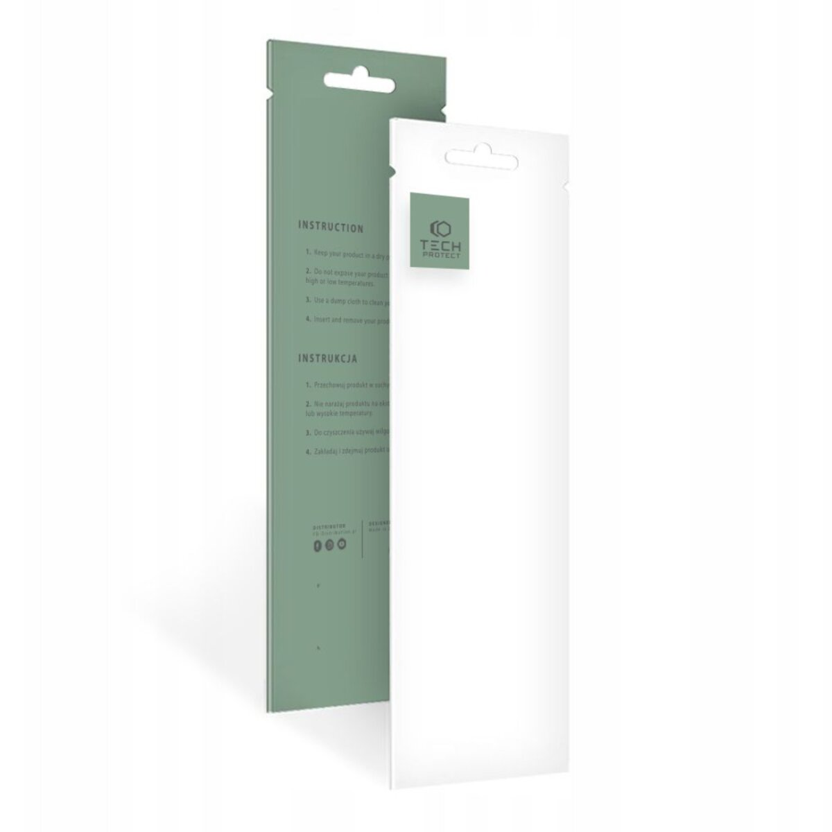 Zwei Produktverpackungen. Eine ist weiß mit Tech Protect Logo. Die andere ist grün mit Anweisungen.