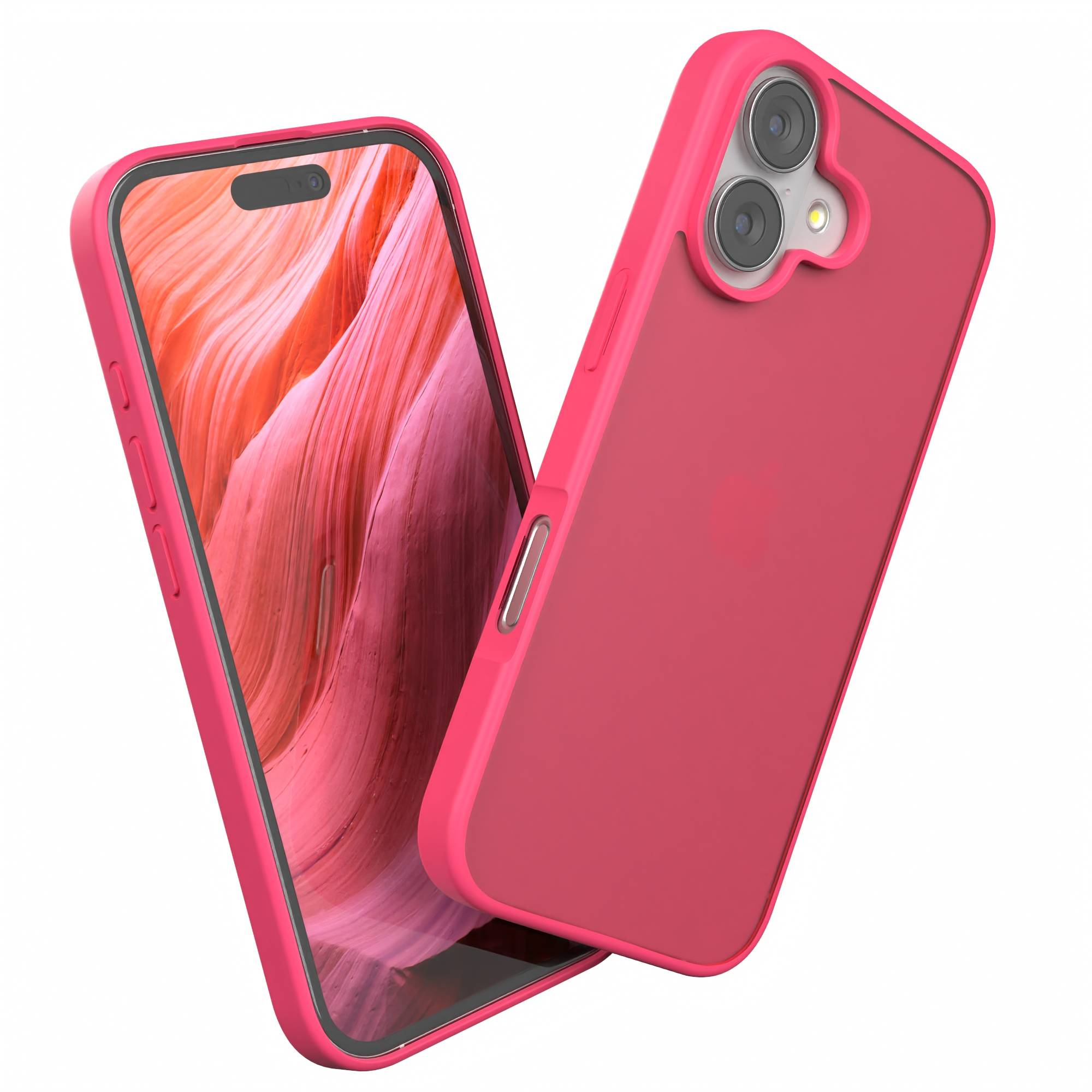 Ein rosafarbenes Telefoncase und ein Telefon werden gezeigt. Das Telefon hat eine rosafarbene Hülle, der Bildschirm zeigt ein Muster.