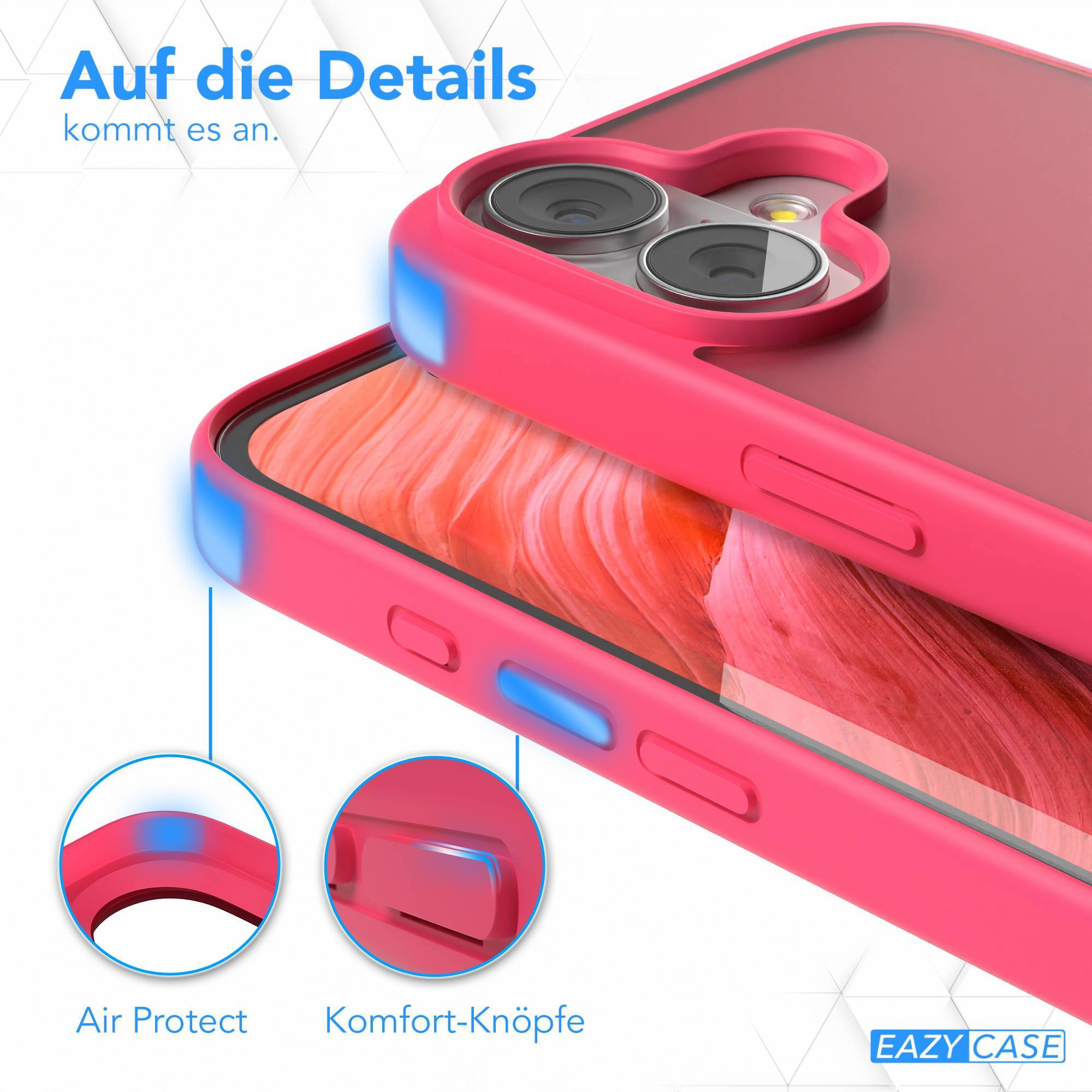 Rosa Handyhülle mit Air Protect und Komfort-Knöpfe. Im Hintergrund eine weiße Fläche mit dem Logo EAZY CASE.