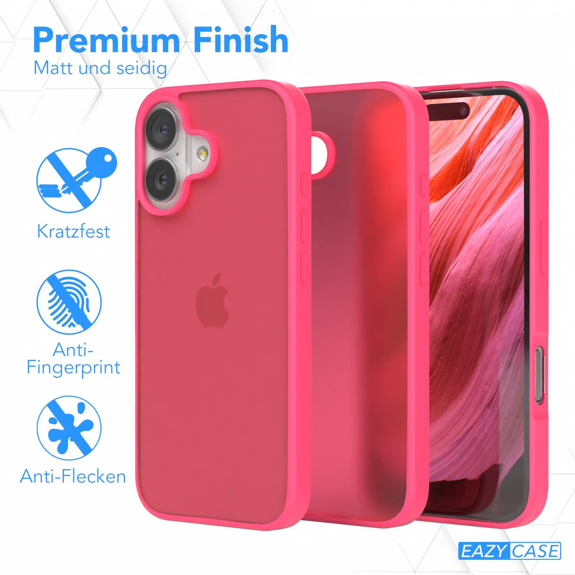 Eine pinkfarbene Handyhülle mit einem iPhone darin. Zu den Merkmalen gehören Kratzfestigkeit, Anti-Fingerprint und Anti-Flecken.