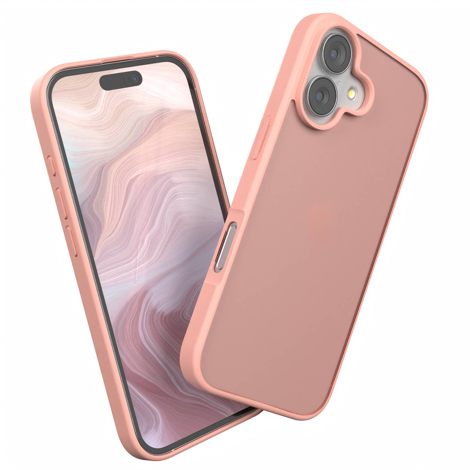 Gezeigt werden eine rosa Handyhülle und ein Handy. Das Handy hat einen Bildschirm, die Hülle Kameras.