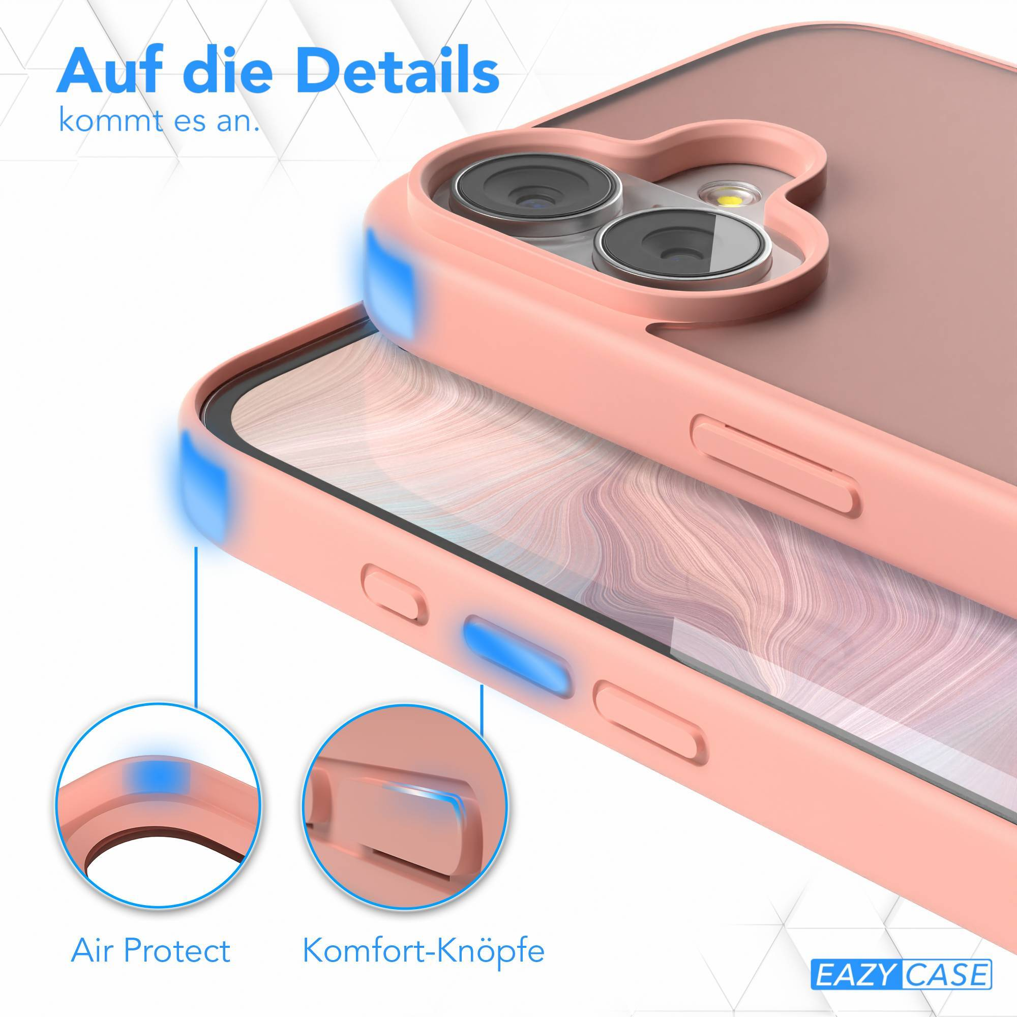Nahaufnahme einer pfirsichfarbenen Handyhülle mit blauen Akzenten. Text: Auf die Details kommt es an. Details sind Air Protect und Komfort-Knöpfe.