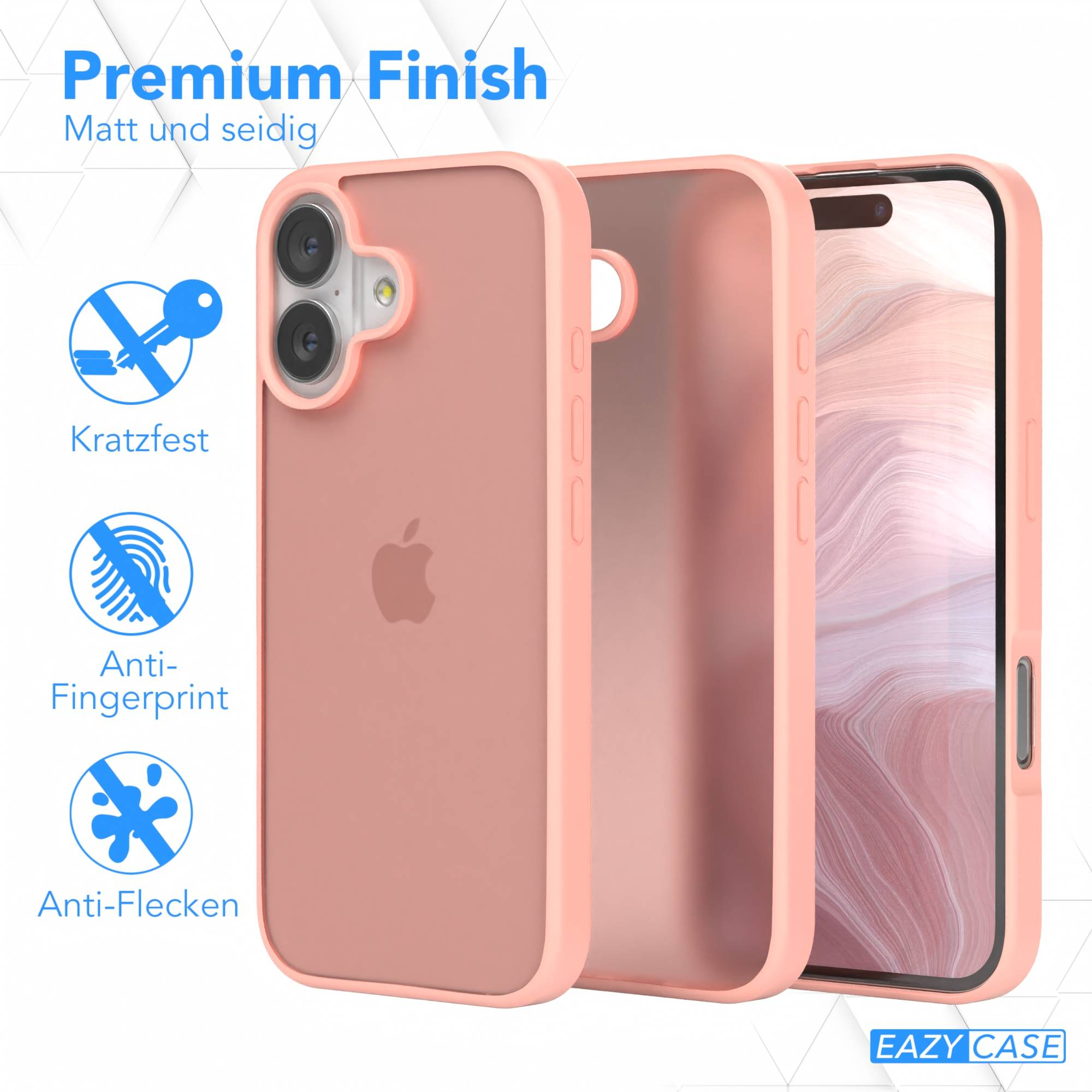 Eine rosa Handyhülle mit einem iPhone. Merkmale sind kratzfest, Anti-Fingerprint und Anti-Flecken.