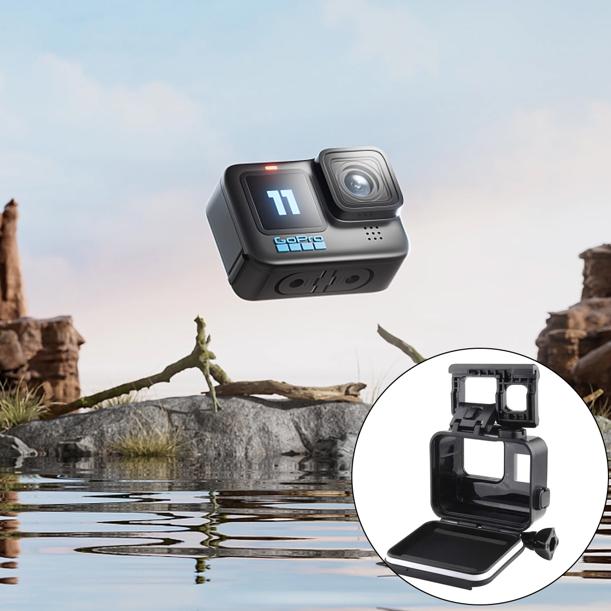 Eine schwarze GoPro-Kamera mit der Nummer 11 auf dem Bildschirm, die über dem Wasser schwebt. Ein Gehäuse befindet sich in einem Kreis.