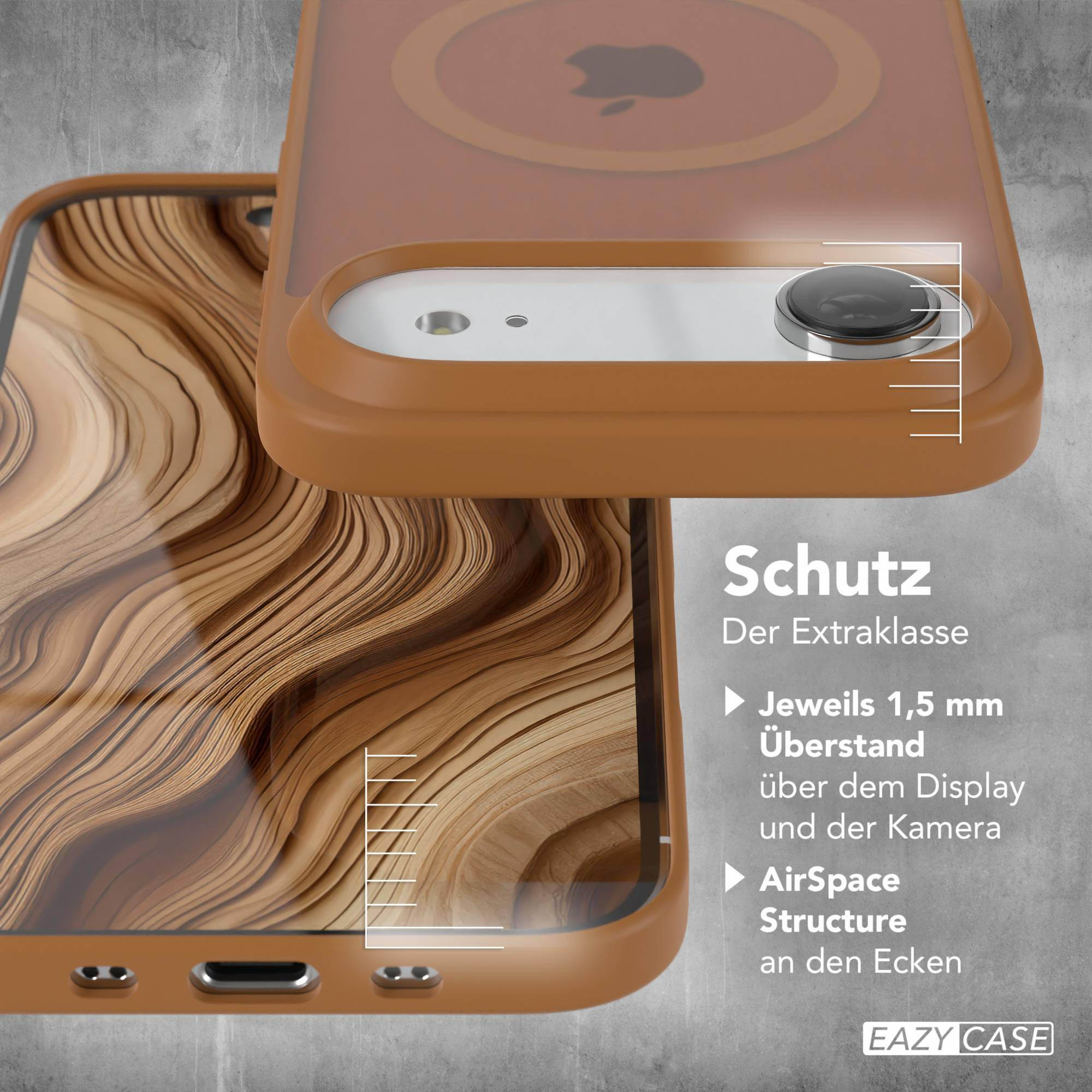 Eine braune Handyhülle mit holzähnlichem Muster auf grauem Hintergrund. Text rechts: Schutz, AirSpace, EAZY CASE.