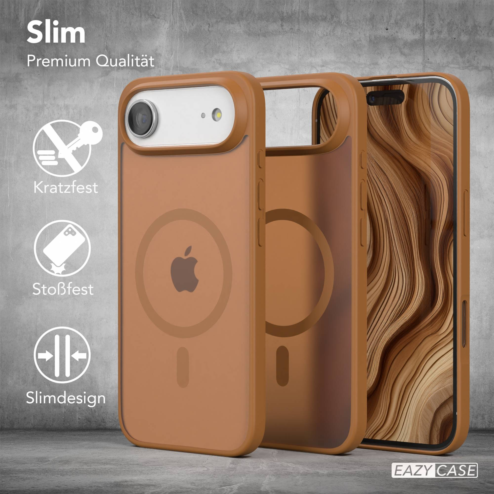 Drei Handyhüllen: braun, transparent und ein Telefon. Logos und Text auf grauem Hintergrund. Hüllen haben Apple-Logo.
