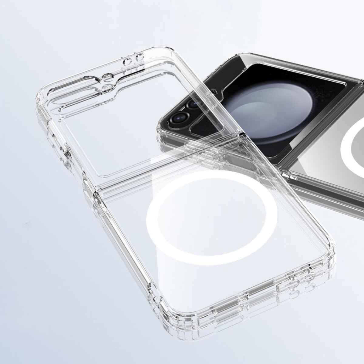 Transparente Handyhülle, offen, zeigt ein schwarzes Telefon. Die Hülle ist transparent mit weißem Kreis.