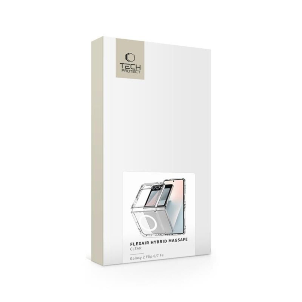 Eine weiße Box mit einer Abbildung einer Handyhülle. Die Hülle ist transparent und mit 'FLEXAIR HYBRID MAGSAFE CLEAR' für Galaxy Z Flip 6/7 Fe beschriftet.